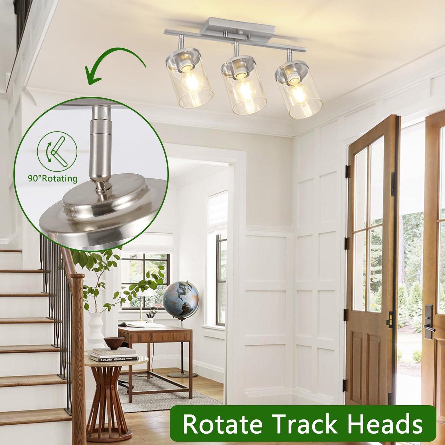 FadimiKoo 3-Lights Kitchen Light Fixtures Ceiling Mount, Brushed Nickel Adjustable Semi Flush Mount Ceiling Light with Clear Glass, Multi-Directional Track Spotlights for Kitchen Hallway Bathroom