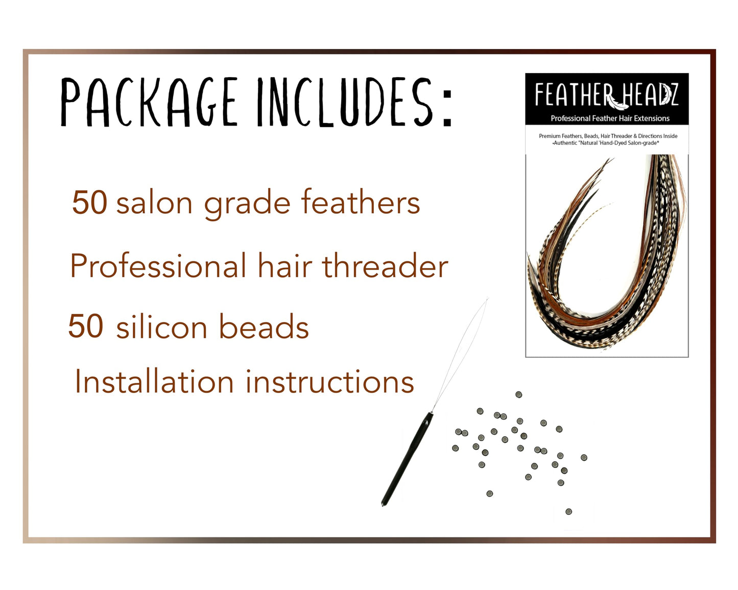 50 Natural Color Hair Feathers - 9”- 14” Long - Feathers for Hair Extension - DIY Kit - Eye-Catching Design - 50 Micro-link Beads - 100% Real Rooster Feathers - Professional Color Hair Feathers