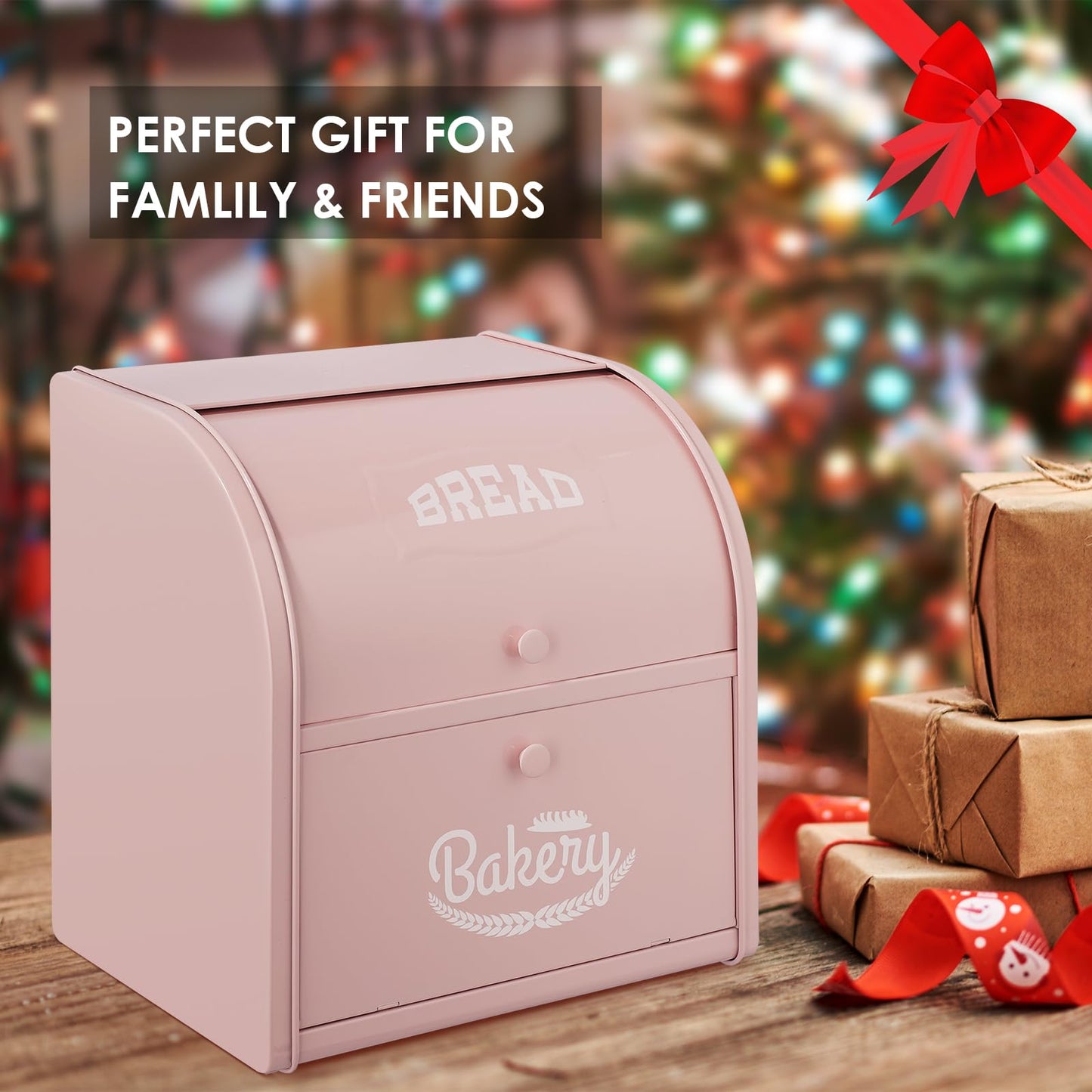 Olebes Bread Box, Metal Bread Box For Kitchen Countertop, Bread Storage Container Holds 2 Loaves Of Bread, High Capacity Breadbox, Bread Holder Suit Farmhouse Kitchen Decor For Counter (Pink)