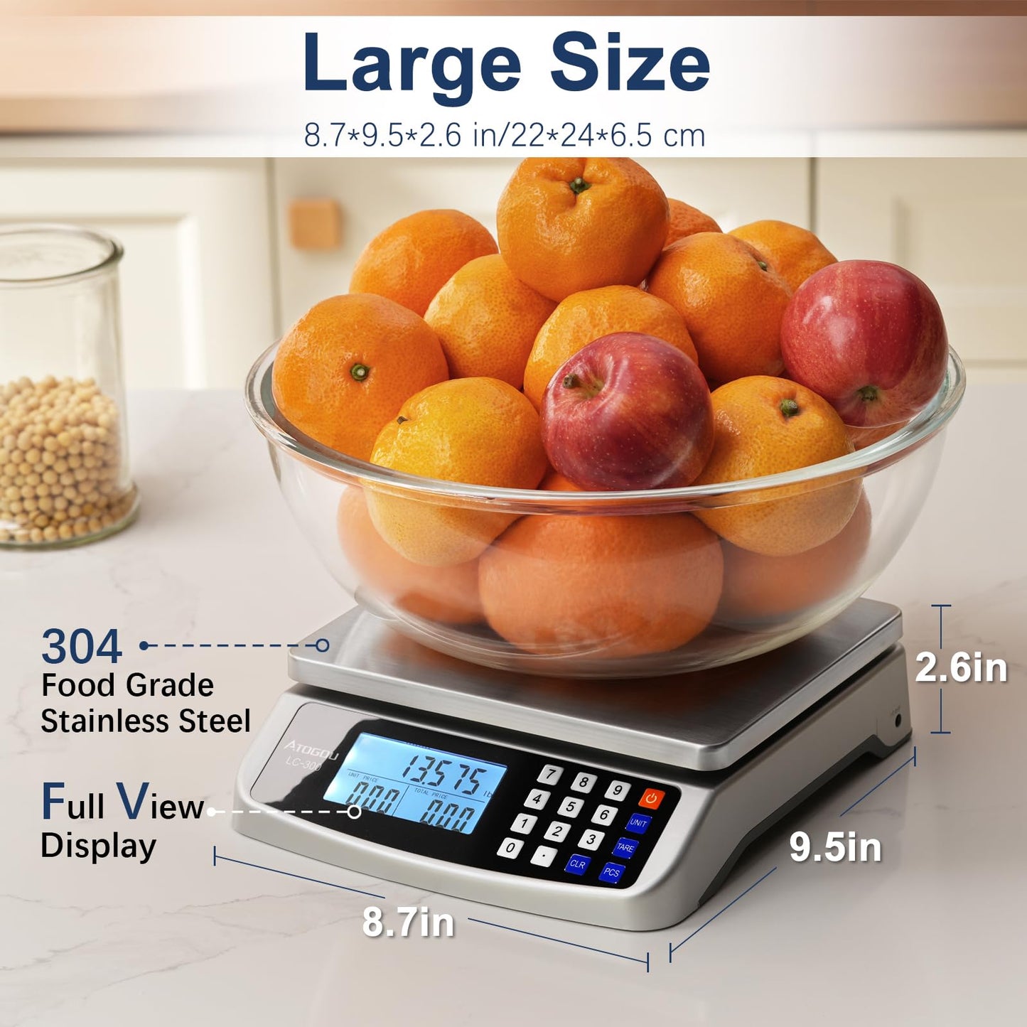 ATOGOU 66lb/30kg Commercial Large Digital Kitchen Scale 0.05oz/1g with Price Computing, 304 Stainless Steel Scale, AA Battery or Plug-in Use and LCD Display for Baking, Cooking, Counting Coins DT580