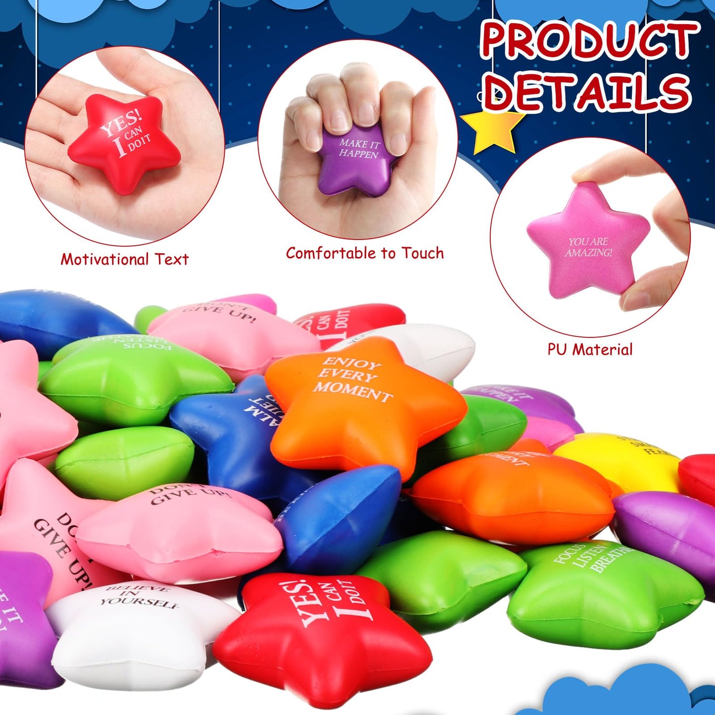 Jenaai 250 Pcs Motivational Stress Balls Bulk with Quote Inspirational Funny Colorful Foam Balls Hand Exercise Stress Relief Easter Gifts for Kids Adults Relieve Anxiety Party Supplies(Star)
