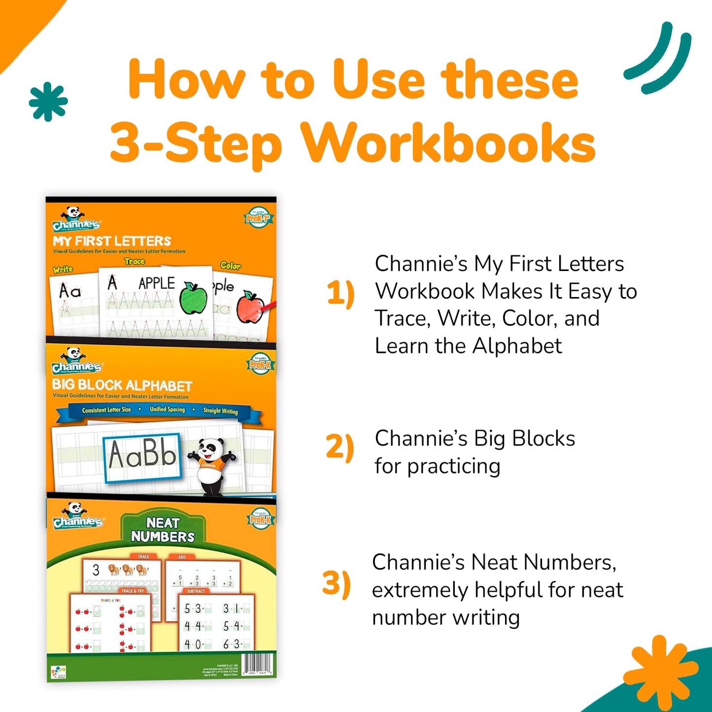 Channie's PreK Kindergarten Handwriting Visual Alphabets & Numbers Learning & Tracing Workbooks, 3 Pack - Alphabet & Numbers Preschool Workbook for Homeschool and After School
