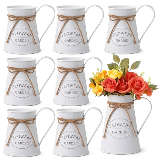 Chumia 8 Pcs Metal Pitcher Jug Vase for Flower Farmhouse Rustic Milk Can 7. 87 Inch Flower Vintage Vase Pitcher Decor Kitchen Bathroom Decor for Home (White)