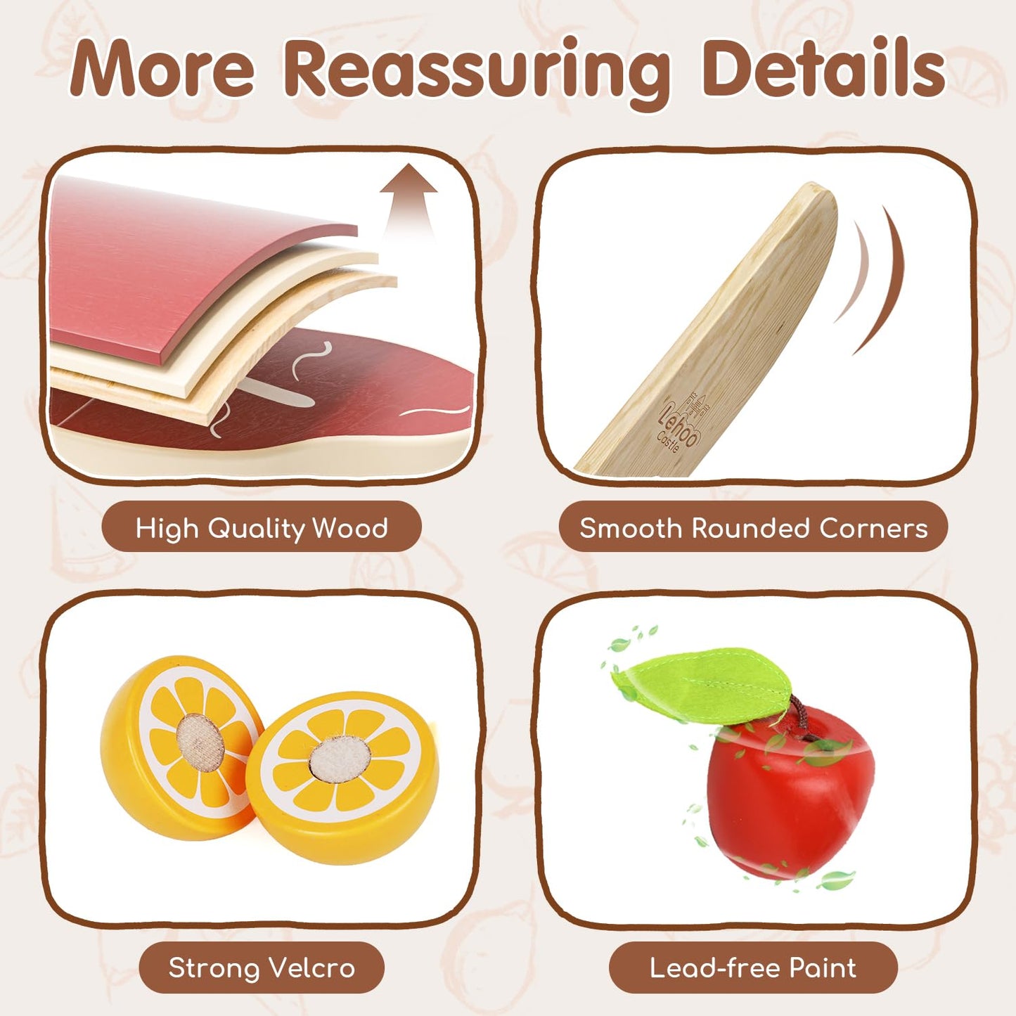 Lehoo Castle Wooden Play Food for Toddlers, Toys Food for Kids Kitchen Accessories, 4 Food Groups Pretend Cutting Fruits, Montessori Toys for Toddlers 2 3 4 Years Old Girls Boys