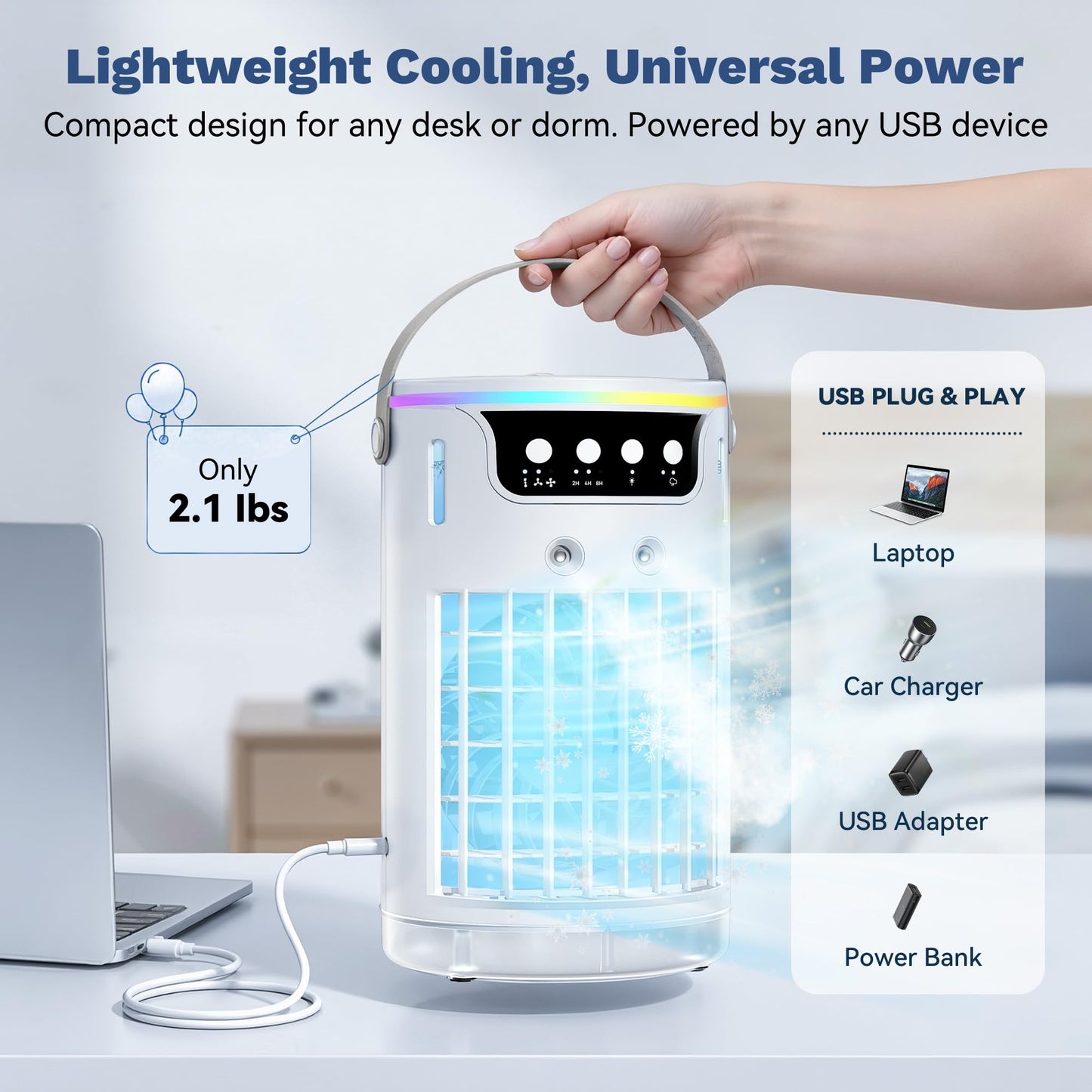 Portable Air Conditioners, Personal Evaporative Air Cooler 1200ML with Ice Cooling Mist Fans That Blow Cold Air Like AC Mini AC Unit for Bedroom, Home Office Desk and Car RV (White)
