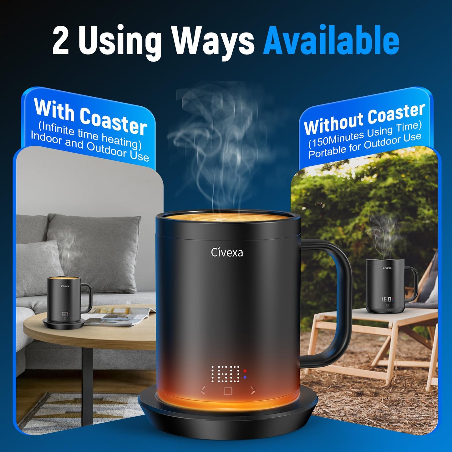 Civexa Rechargeable Self Heating Coffee Mug, Fast Heating & High Temperature, 14 Oz App-Controlled Heated Coffee Mug, 1F Precise Temperature Control Smart Mug Warmer for 150 Min Use