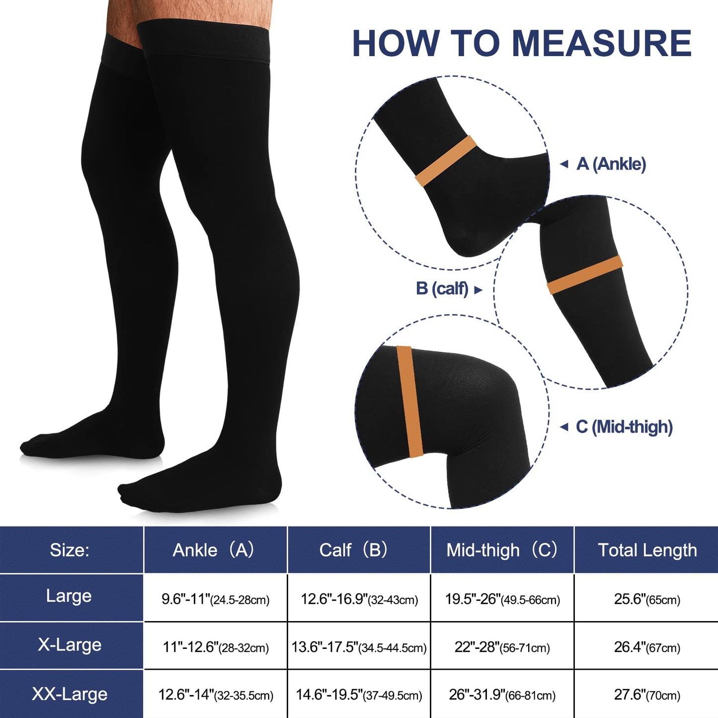 Zhanmai 2 Pairs Thigh High Men's Compression Socks 20-30 Mmhg Compression Stocking with Silicone Grip Men's Dress Socks (Large)