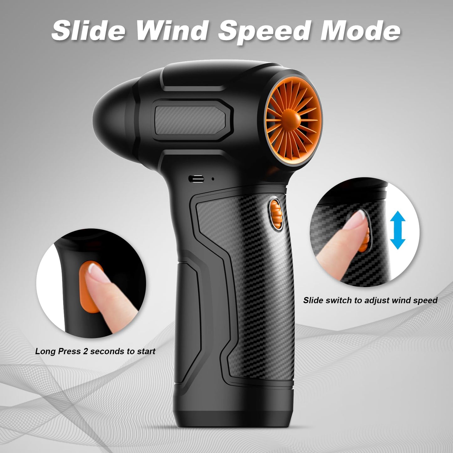 Tomzio Electric Air Duster, 200,000 RPM 8000mAh Rechargeable Compressed Air Alternative with 6 Brushes, Handheld Blower for Car Bike, Workshop, Grill, 3D Printing, Slide Speed Control (Orange)
