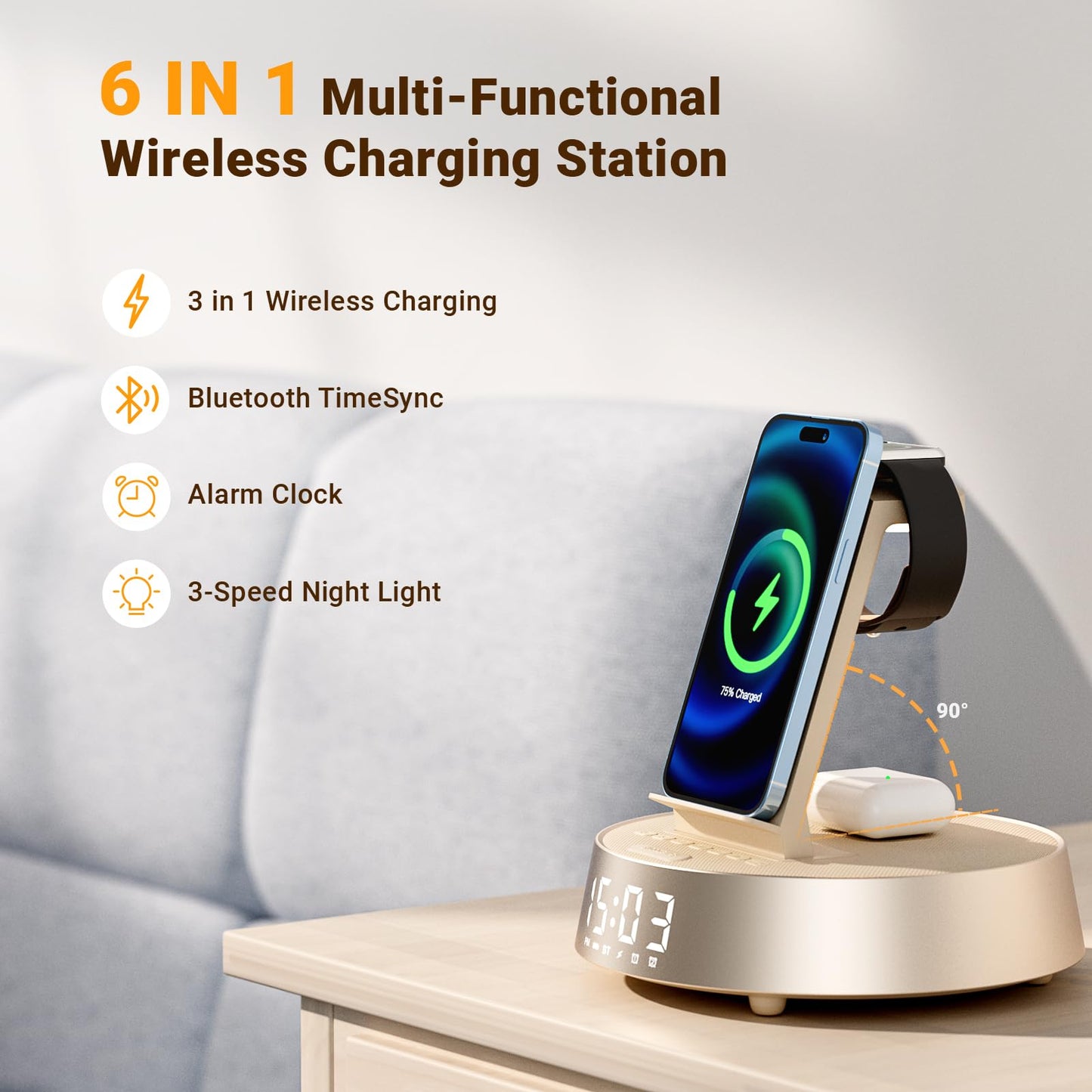 7 in 1 Wireless Charging Station, Alarm Clock for Bedroom with Dimmable Night Light Bluetooth Speaker, Dock Station for iPhone 16 15 14 13 12 11 Pro Max, Apple Watch