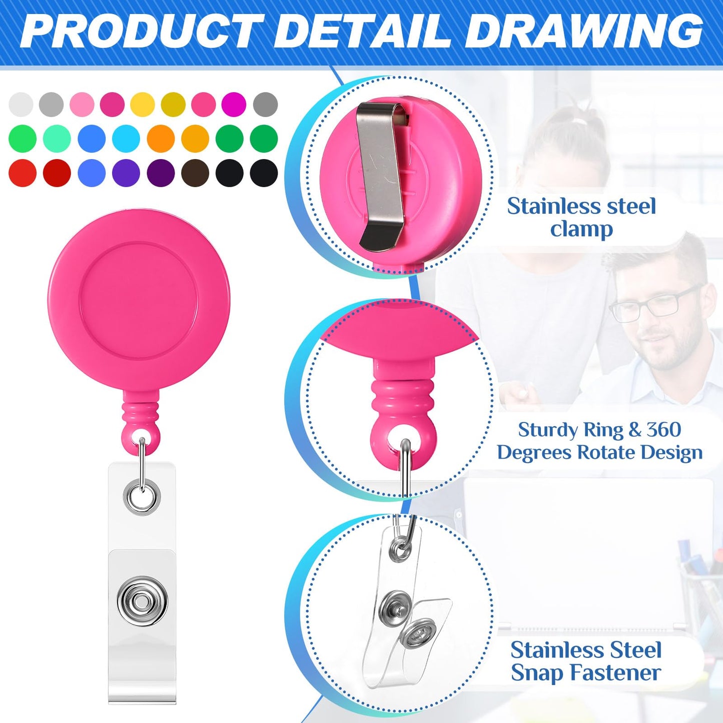 Harloon 150 Pcs Retractable Badge Reel Teacher Clips Holder Mixed Solid Color Nurse ID Badge Holder Students Doctor Keychain Whistles Lanyards for Graduation School ID Card Name(25 Colors)