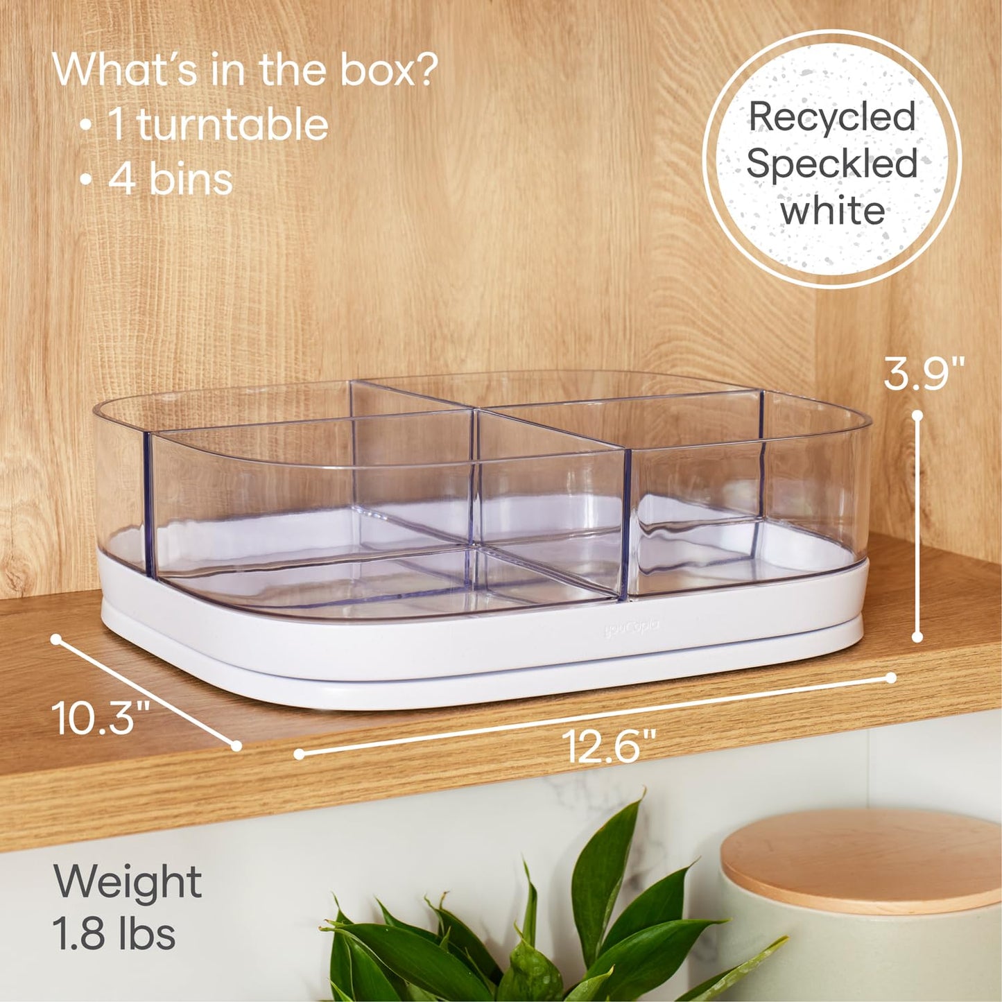 YouCopia MagicTrack Rectangle Lazy Susan Turntable with 4 Clear Storage Bins: Rotating Cabinet Organizer for Kitchen or Bathroom Items, 360° Spin, Non-Slip, White Speckled BPA-Free