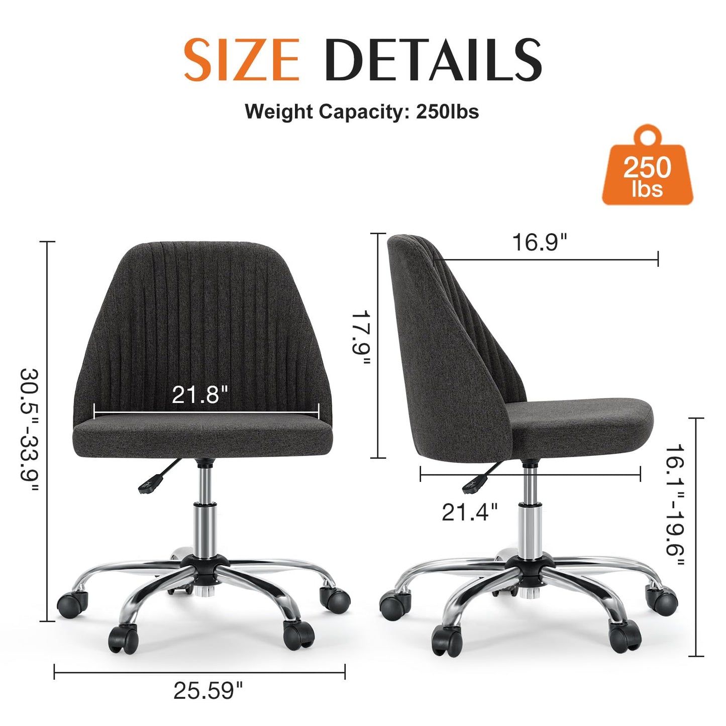 Sweetcrispy Armless Vanity Chair, Cute Comfy Home Office Desk Chair with Wheels, Modern Upholstered Task Computer Seat for Bedroom, Study, Makeup Vanity, Height Adjustable & Swivel, Deep Gray