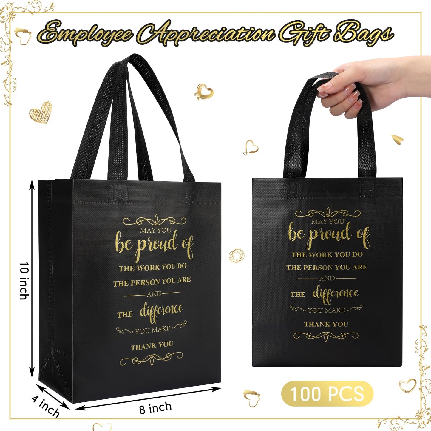 Paterr 100 Pcs Employee Appreciation Gift Bags Bulk 10 x 8 x 4'' Non Woven Thank You Gifts Tote Bags with Handle Inspirational May You Be Proud Gift for Colleague Teacher Doctor(Black)