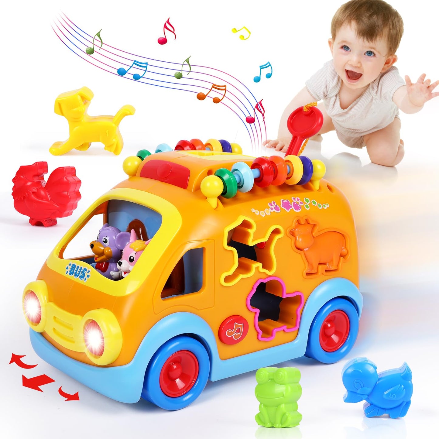 Toy Cars for 1 Year Old Boys Baby Toys 12-18 Months Musical Learning Toys for Toddlers 1-3 Educational Bus with Animal Blocks Birthday Gift