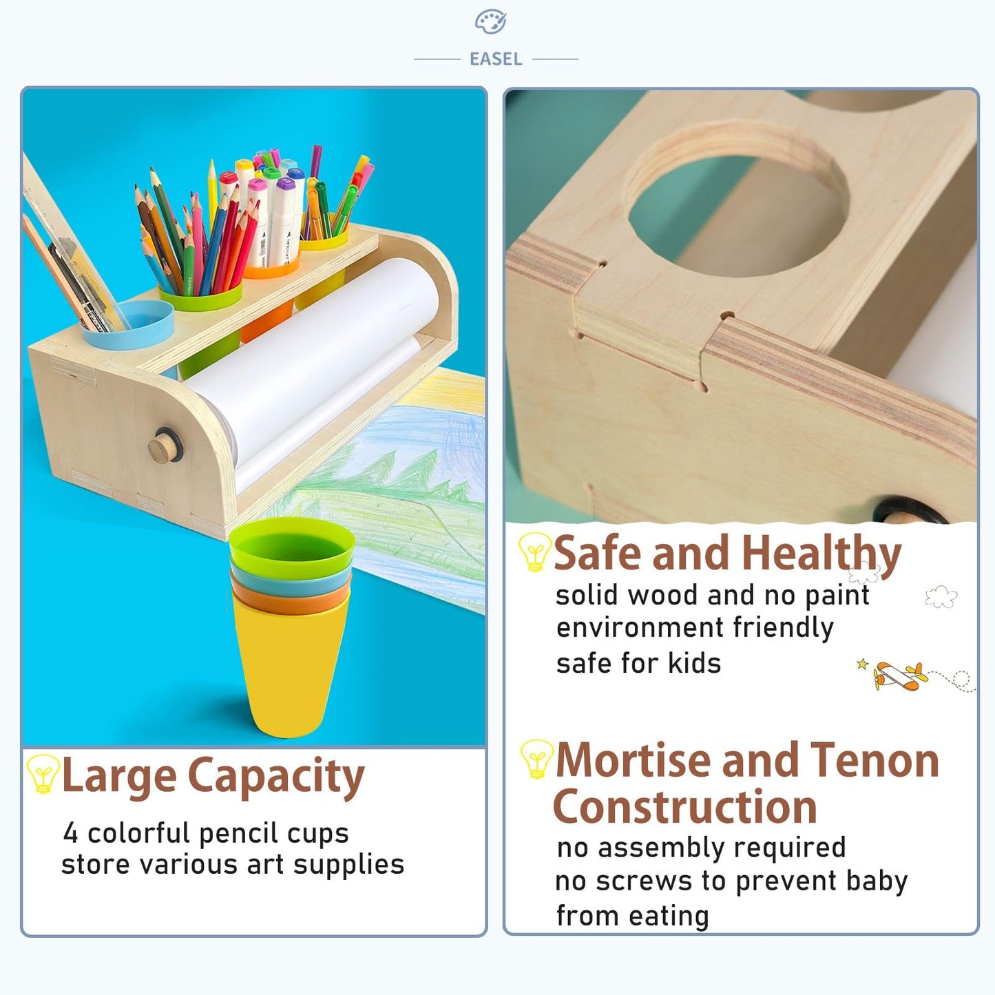 XDONEF Wooden Tabletop Paper Roll Dispenser with Roll 11.4inx98.4ft and Pencil Cups Craft Art Paper Roll Holder for Kids Desktop Easel for Drawing Painting Home Classroom