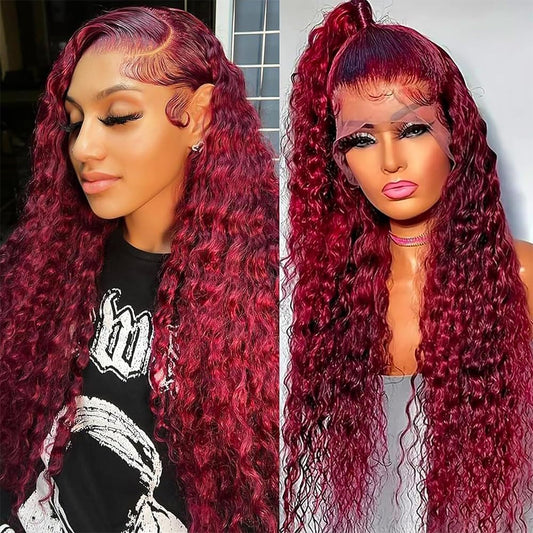 99J Burgundy Deep Wave Lace Front Wigs Human Hair 13x4 HD Lace Frontal Wigs Human Hair Pre Plucked 180 Density Red Colored Deep Curly Wet and Wavy Glueless Human Hair Wigs for Black Women 26 Inch