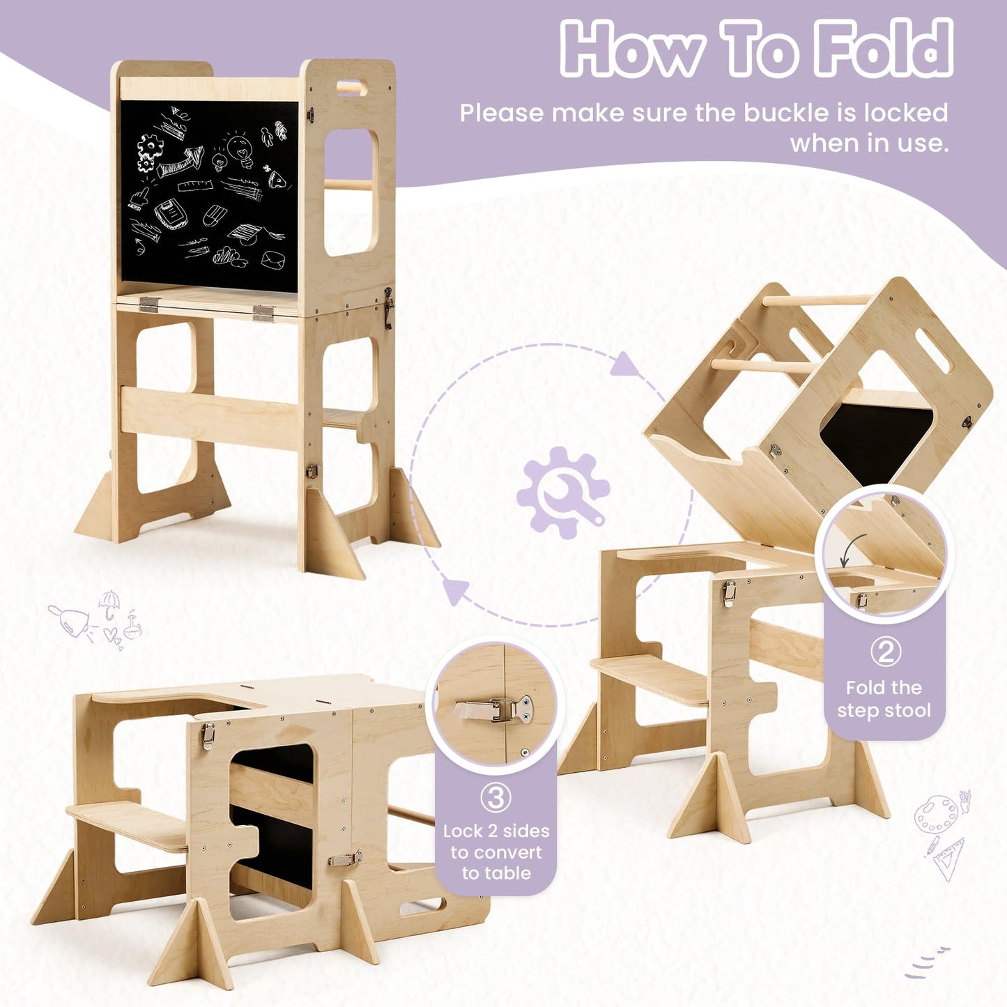 labebe Toddler Standing Tower for 12M+, Montessori Foldable Learning Standing Tower with Blackboard, Anti-tip Structure Design,Wooden Kitchen Step Helper Stool for 1-3 Year Old Boy Girl Gift