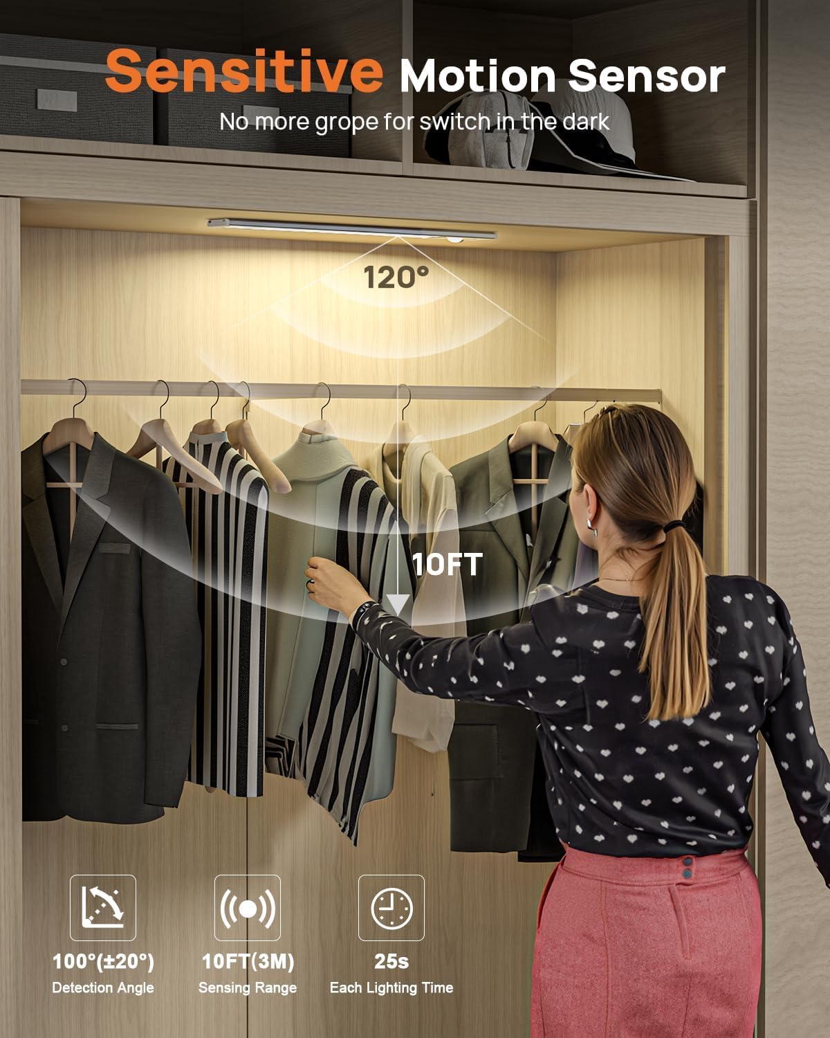 16in Under Cabinet Lighting with Remote, LED Motion Sensor Light Indoor, Rechargeable Closet Lights Wireless, Dimmable, 3 Color Temps, Magnetic Under Counter Lights for Kitchen, Pantry, Stair, 5 Pack