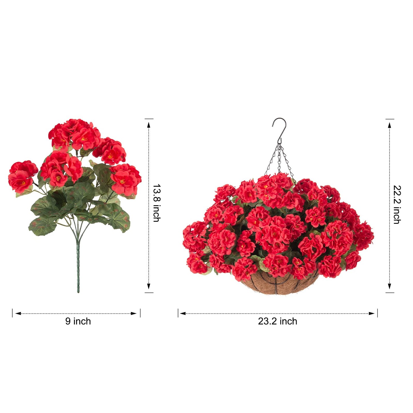 INSPRING Geraniums Artificial Flowers Hanging Basket for Outdoors Outside Spring Decoration, 8 Bundles Silk Flowers Fake Plants Look Real UV Resistant for Porch Home Patio Balcony Yard, Red