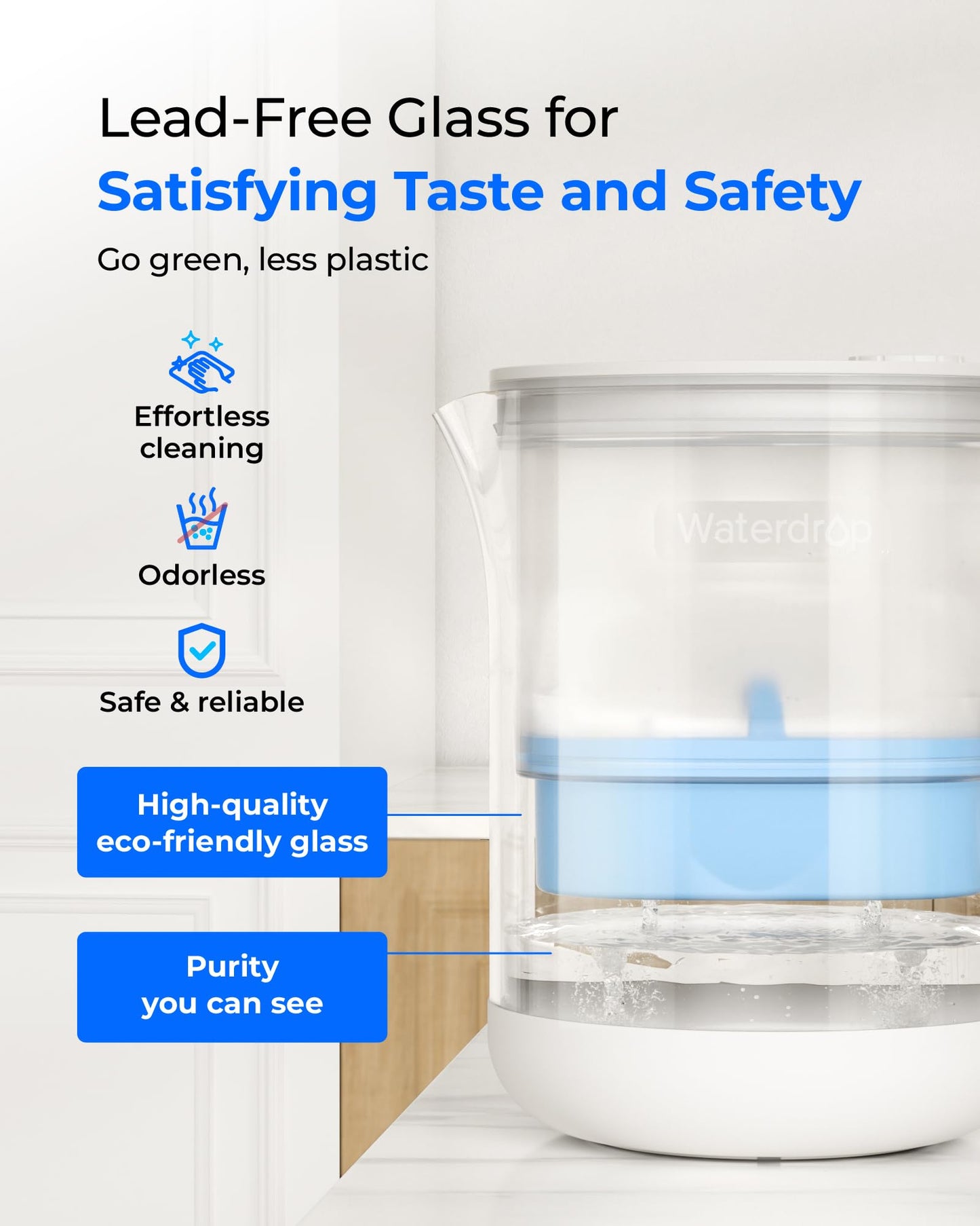 Waterdrop Glass Alkaline Water Filter Pitcher with 1 Filter, Enhances Alkaline Water, Eco-Friendly, 7-Cup, for Home & Office, Reduces PFOA/PFOS, Chlorine, Cadmium, Copper, Mercury, Clear, WD-PT-72C-A