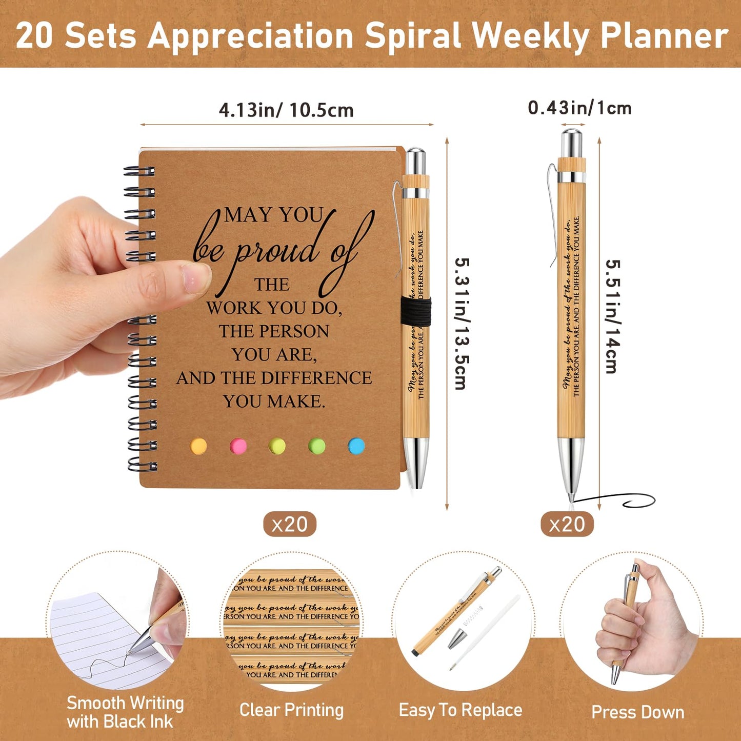 Moinchore 20 Sets End of Year Teacher Gifts Employee Appreciation Gifts Cna Week Inspirational Spiral Notebooks with Sticky Notepad and Pen for Students Team Coworker Staff (May You Be Proud)