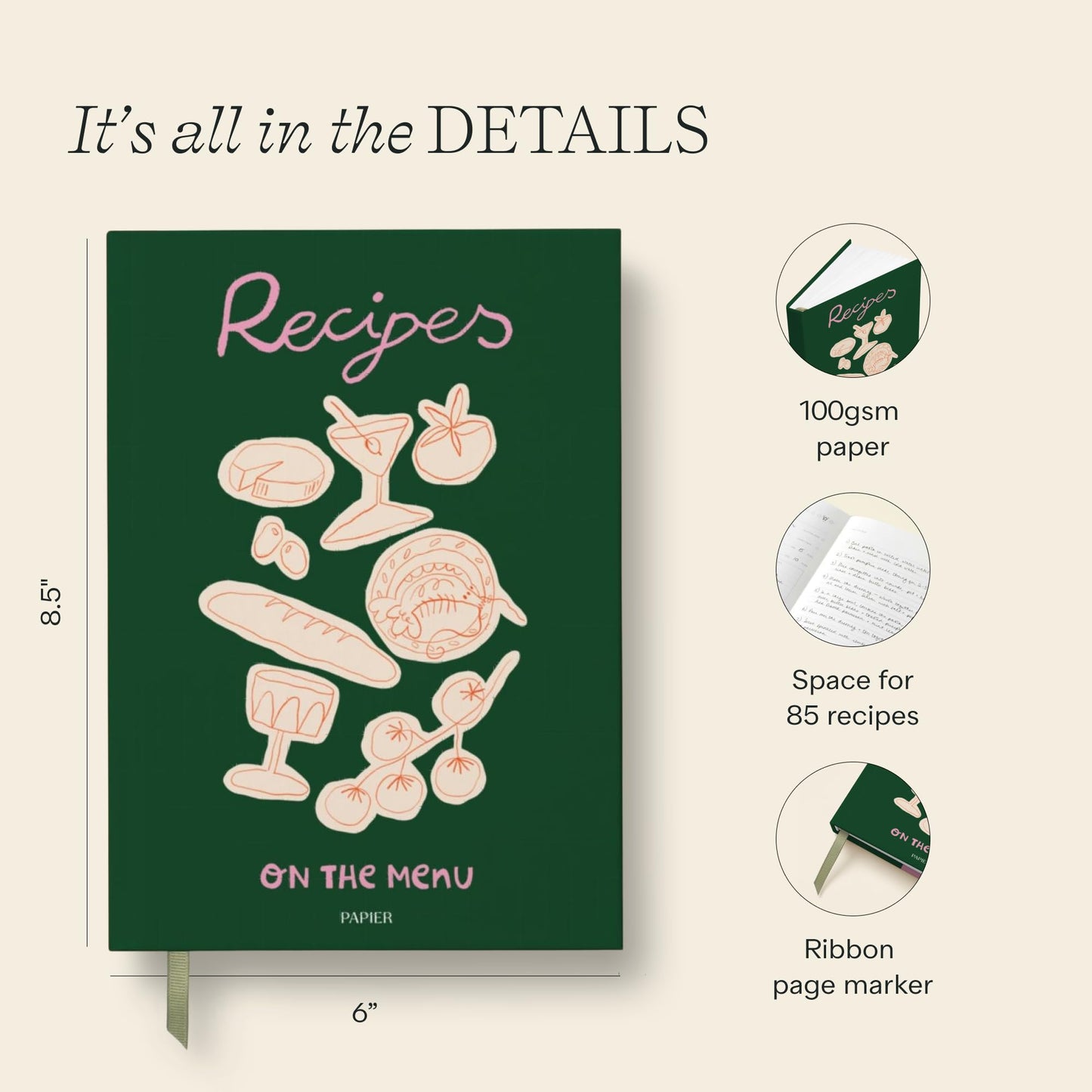 Papier Al Fresco Recipe Journal - Hardback | Blank Space To Plan Breakfast, Lunch, Dinner, Dessert | Foodie Gift | Write Your Own Recipes, Note Ingredients & Tips | Includes Size & Temperature Chart
