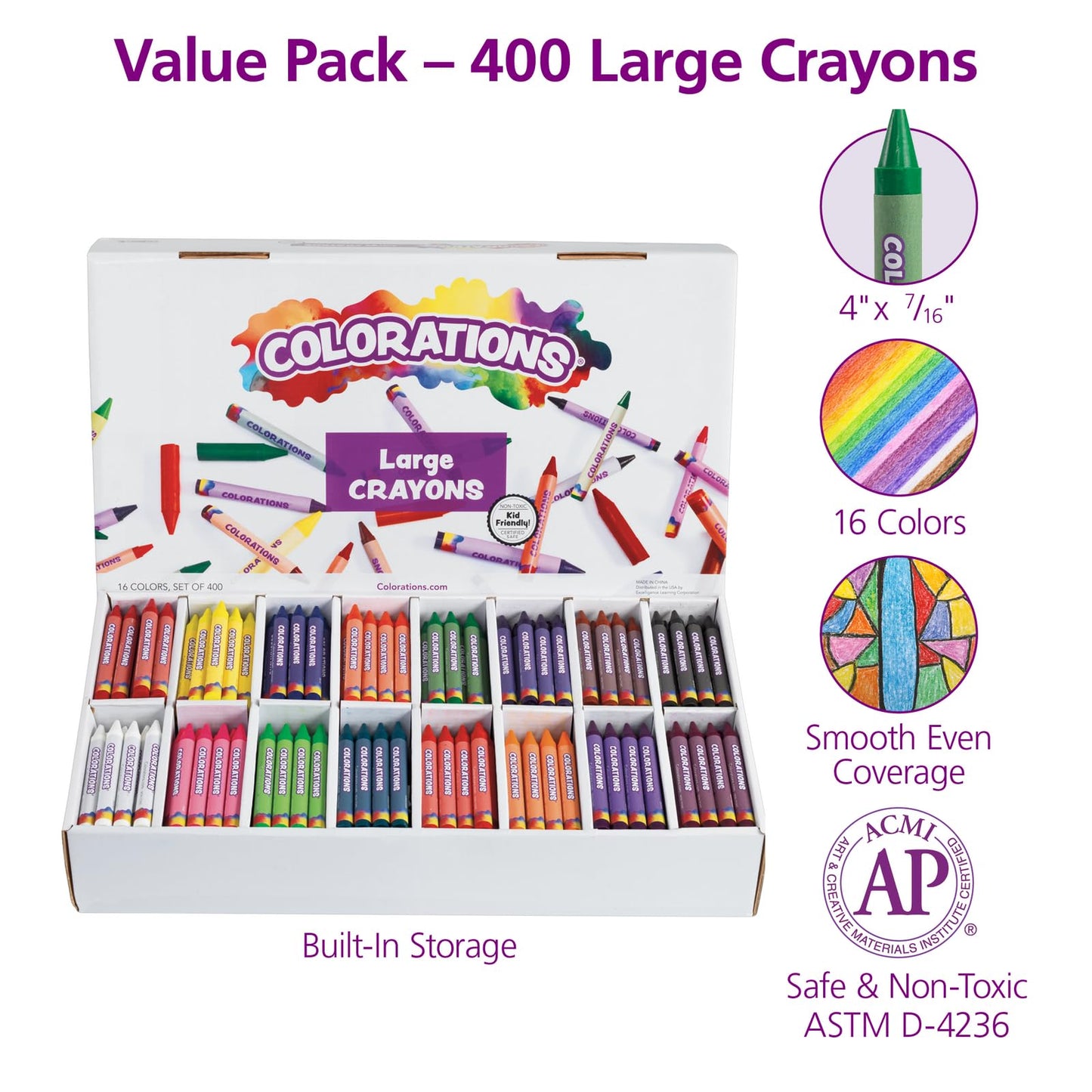Colorations Large Crayon Classroom Pack, 400 Count, 16 Colors, Non-Toxic, Kids School Supplies - Bulk Jumbo Crayons for Toddlers, Arts and Crafts