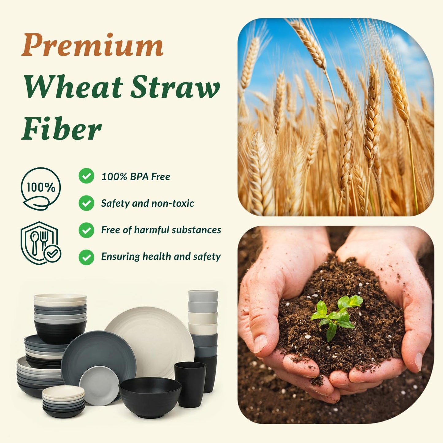 Homienly 40 PCS Wheat Straw Dinnerwave Sets for 8 Unbreakable Plates and Bowls Sets with Cups & Saucers, Microwave Dishwasher Safe Dishes Sets for Kitchen, Camping, RV, Party, Stackable (Gery Stone)