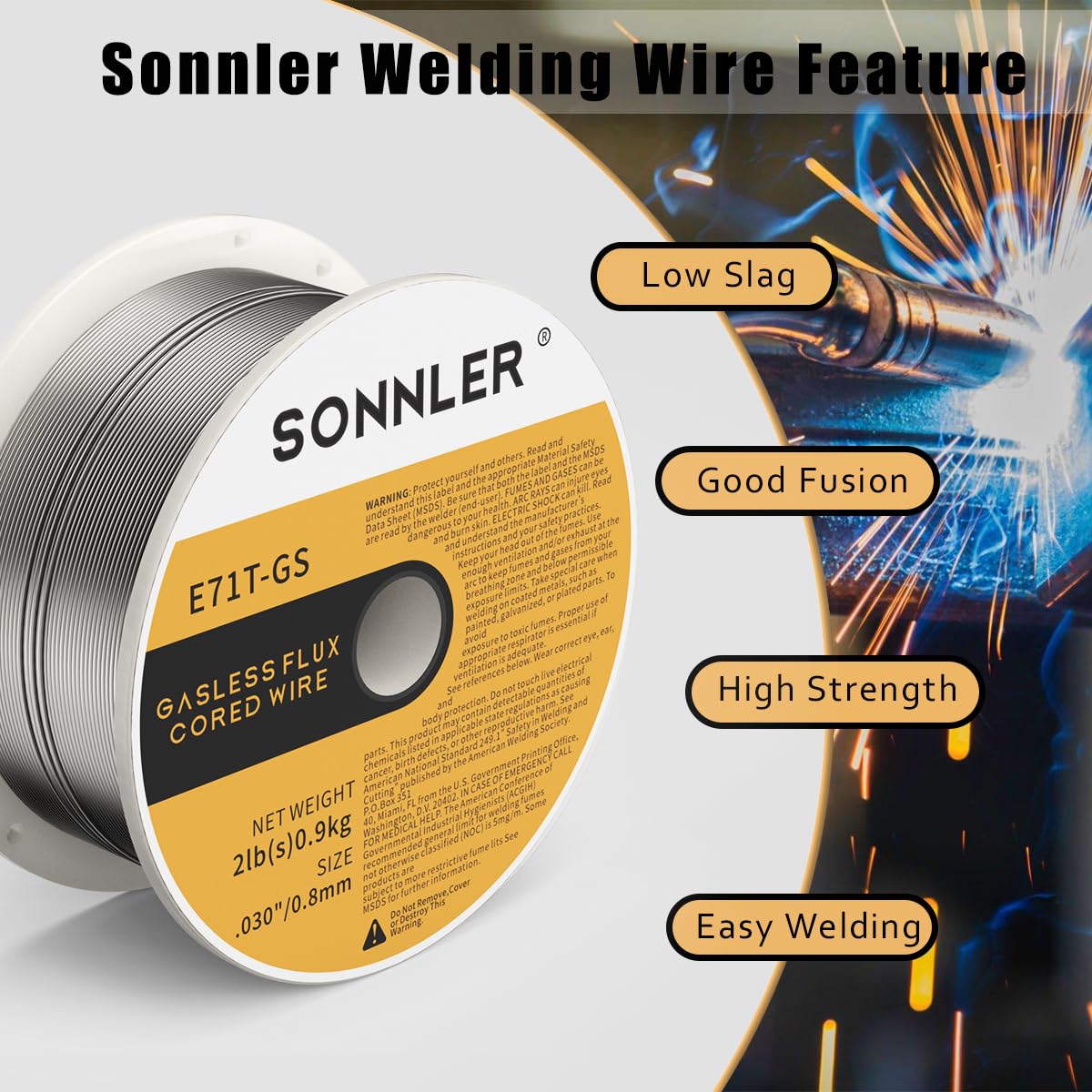 SONNLER .030 Flux Core Welding Wire, Mig Welding Wire, 2Lbs Low Splatter Mild Steel E71T-GS Wire Compatible With HF Fourney Harbor Welder(3 PACK)