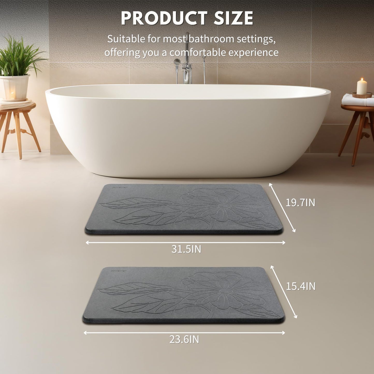 XMarrat Extra Large Stone Bath Mat Large, 31.5'' x 19.7'' Diatomaceous Earth Non-Slip Stone Shower Mat, Super Absorbent Diatomite Stone Mats for Bathroom, Quick Drying, Easy to Clean (Dark Gray)
