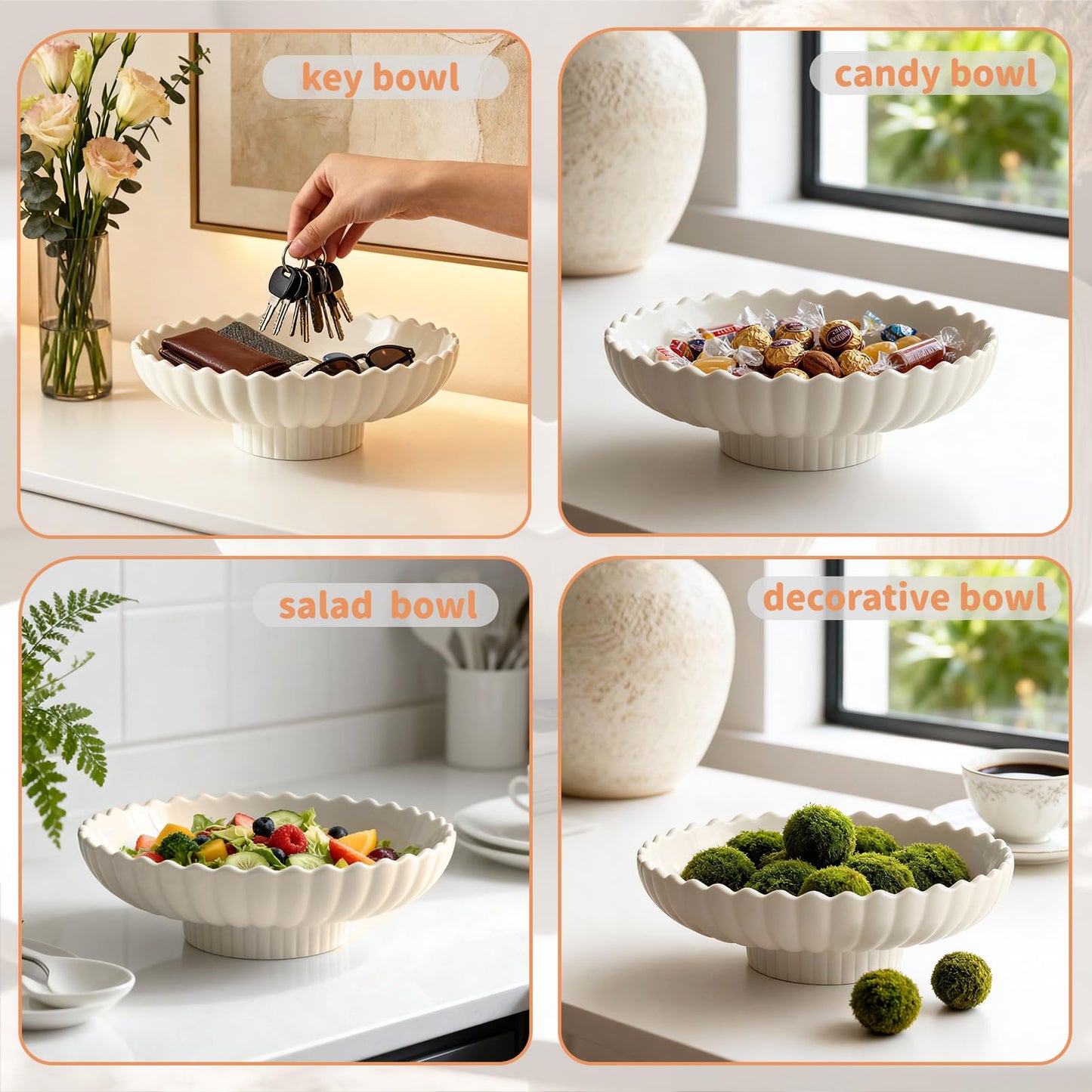 Yeatel Large Decorative Bowl, 10.6-Inch Handmade Modern Ceramic Centerpiece Bowl with Scalloped Edge, Perfect as Fruit Bowl, Key & Jewelry Catchall, Candy Bowl for Home, Kitchen, Entryway Table Decor