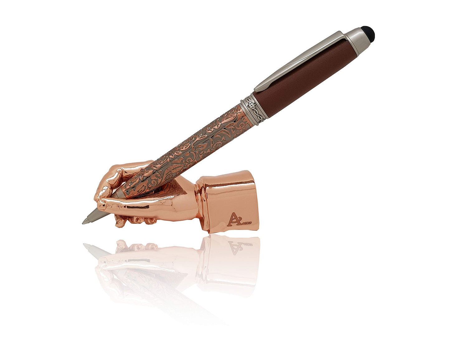Acely Executive Hand Shape Pen Holder Metal Art Craft Paperweight for Desktop Organizer Pen Stand Decoration 2-PC Pack (Silver & Rose Gold)