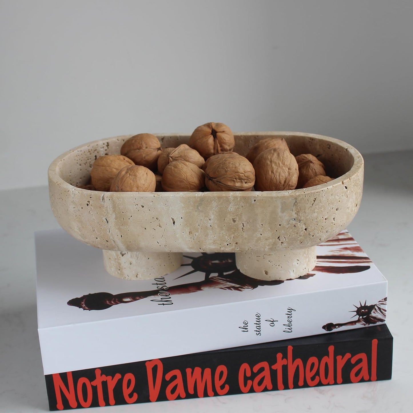 Natural Oval Travertine Fruit Bowl for Kitchen Counter 10", Large Decorative Bowl Two-Legs for Home Decor, Fruits Holder For Dining Table - Kitchen Organization
