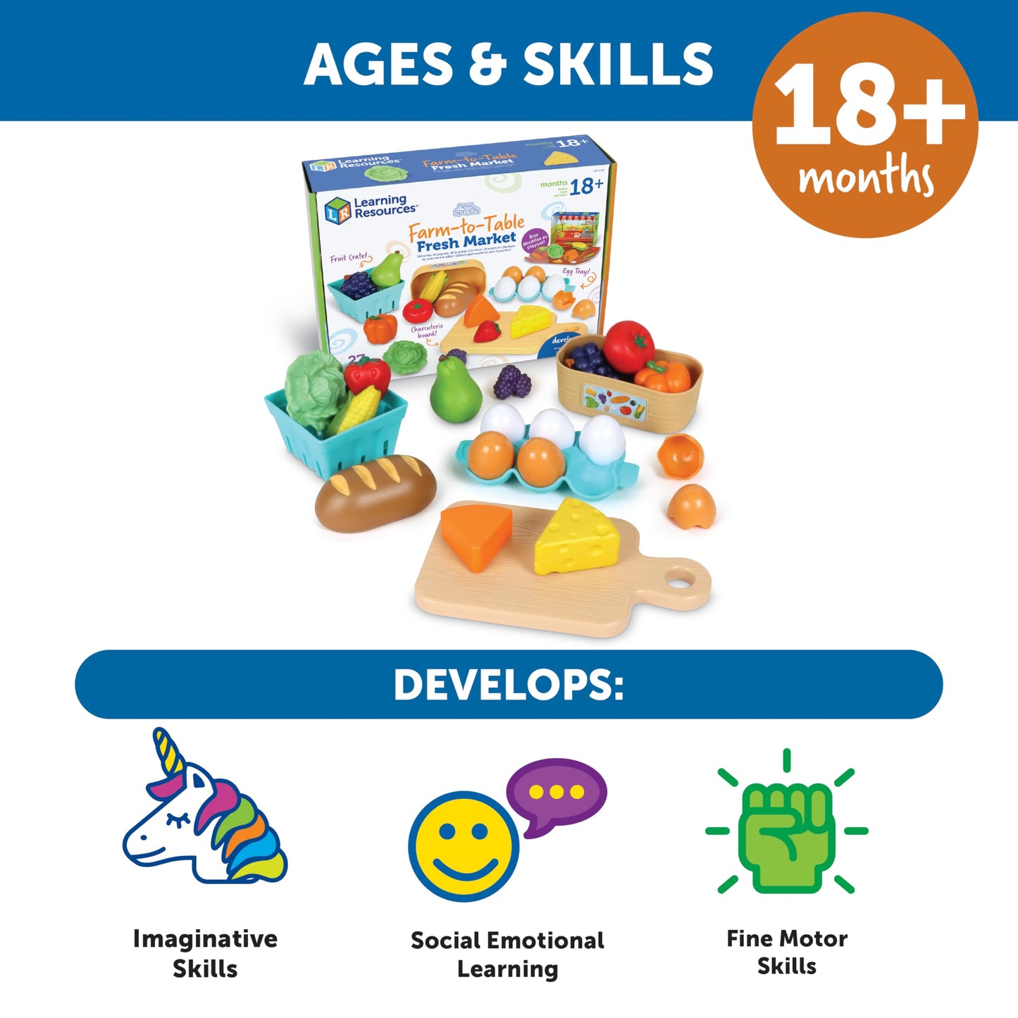 Learning Resources New Sprouts Farm-to-Table Fresh Market, 27 Pieces, Ages 18 Months+, Play Food for Kids Kicthens, Grocery Store Pretend Play, Play Kitchen Accessories