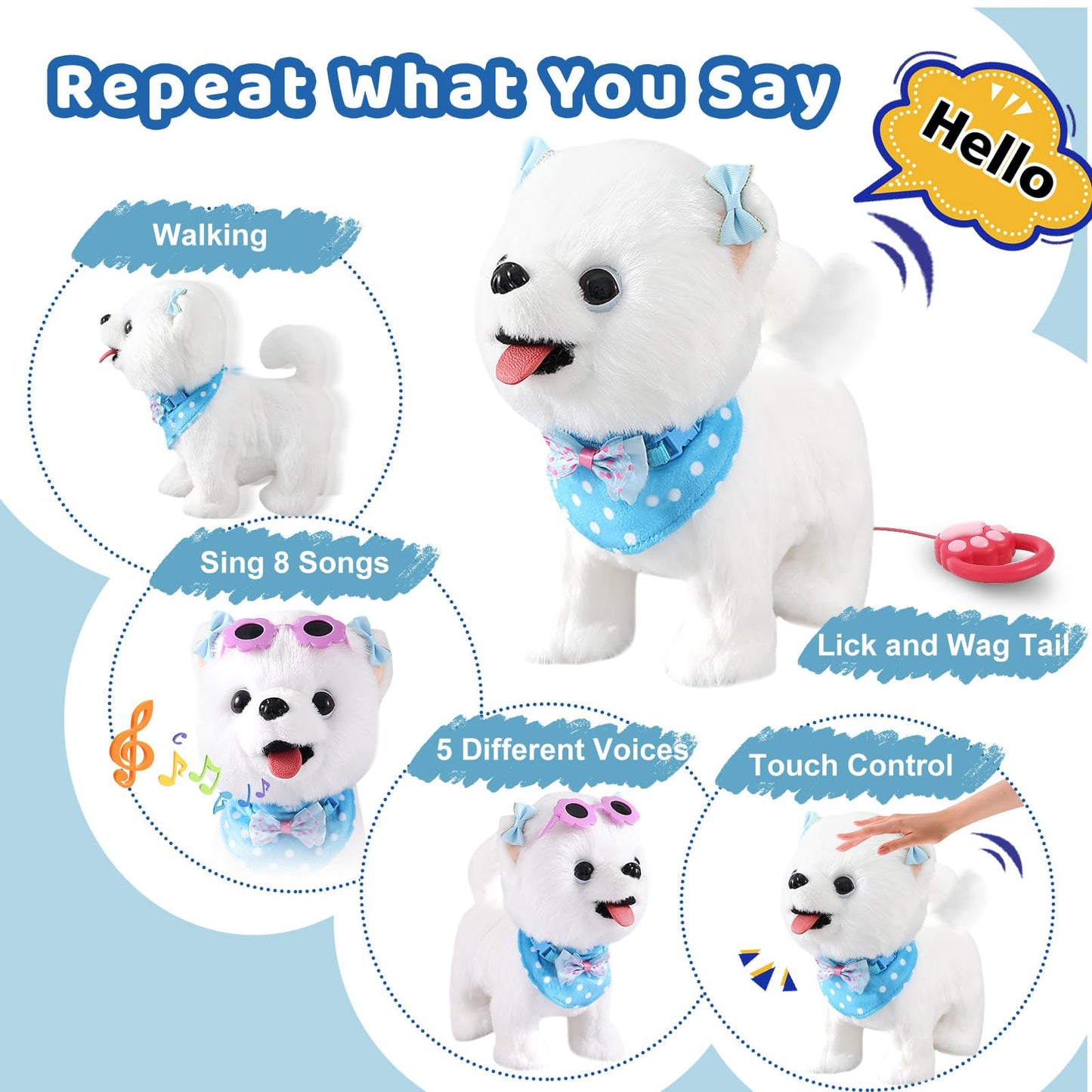 Ylpaprm Samoyed Barking Toy for Kids, Interactive Dog Toy, Small Puppy Walking Licking Doggy with Leash, Electric Talking Sings, Singing Tail for Girl Play