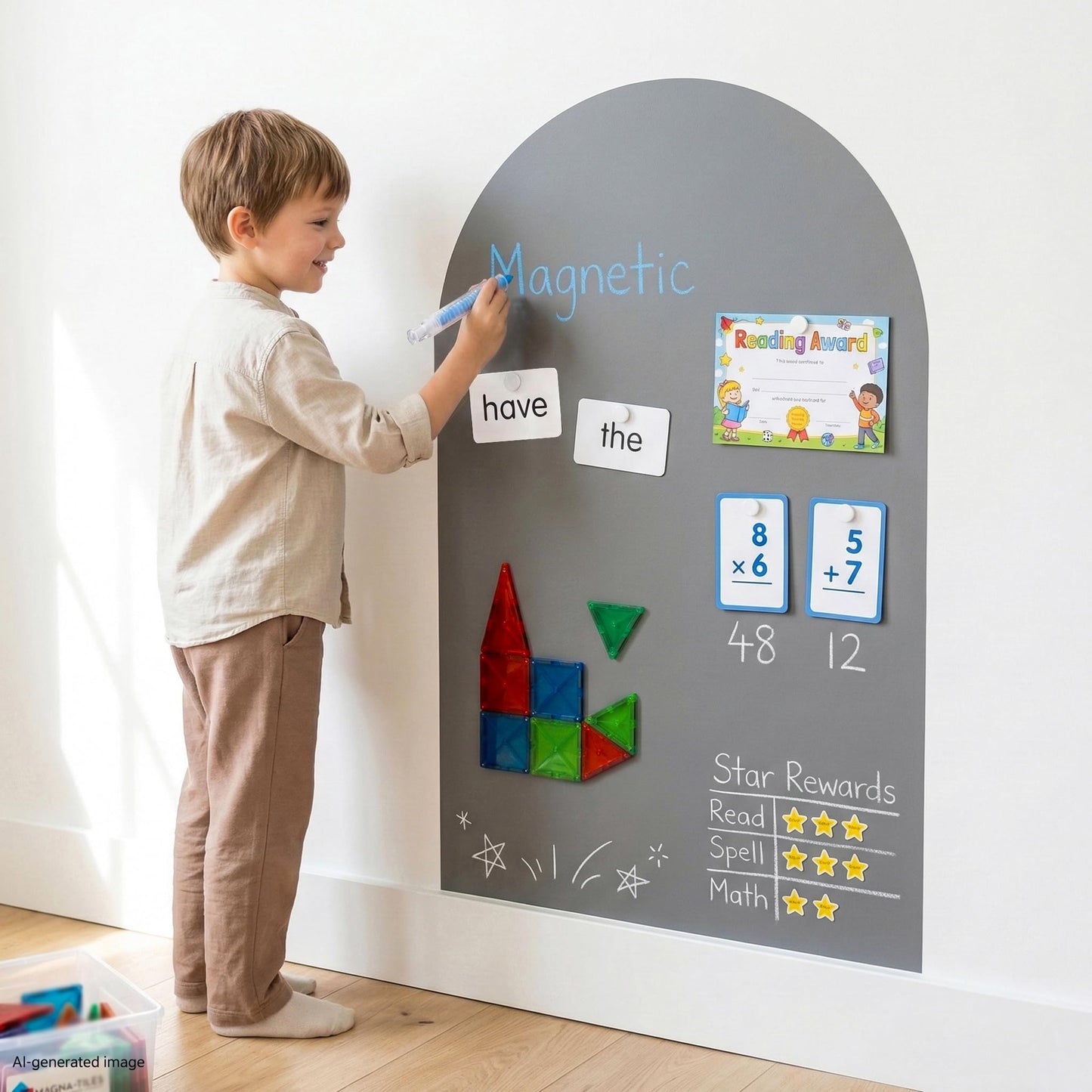 Qiytecno Magnetic Arch Wall Decal: Large 39.4"x23.6" Strong Adhesive Screen Free Chalkboard for Wall - Modern Playroom Decor & Homeschool Learning Station for Toddlers 1-4 & Kids 5-10 (Quiet Gray)