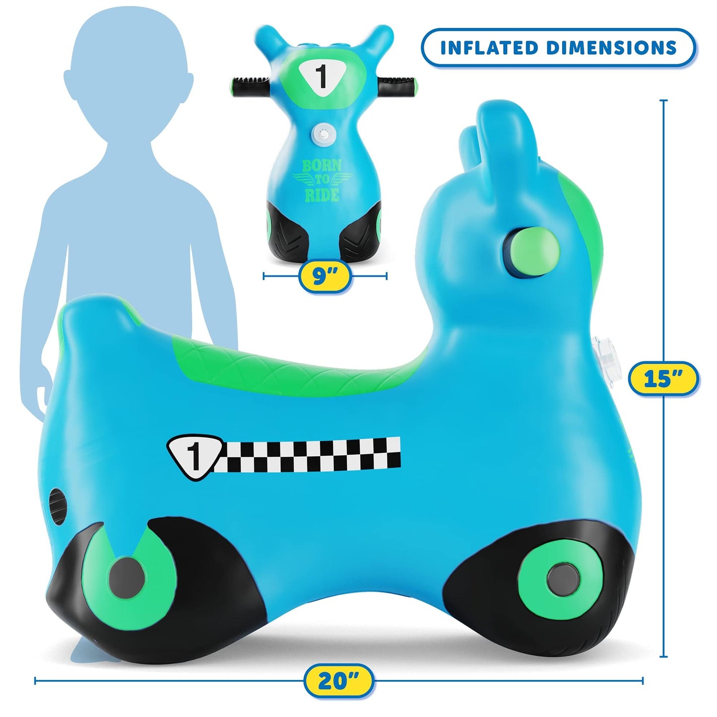 Waddle Bouncy Hopper Inflatable Hopping Animal Scooter, Indoors and Outdoor for Toddlers and Kids, Pump Included, Boys and Girls Ages 2 Years and Up (Blue Zoomer)