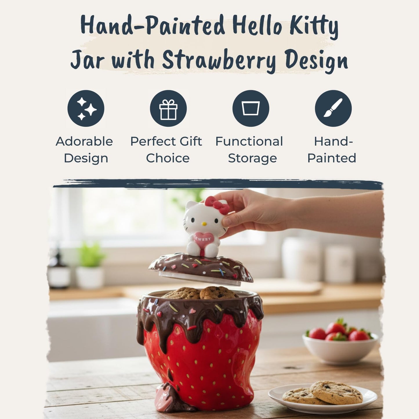 Blue Sky Clayworks Hello Kitty Strawberry Cookie Jar, Ceramic, 7" L x 6.25" W x 11.25" H, Chocolate-Drip Berry Sweet