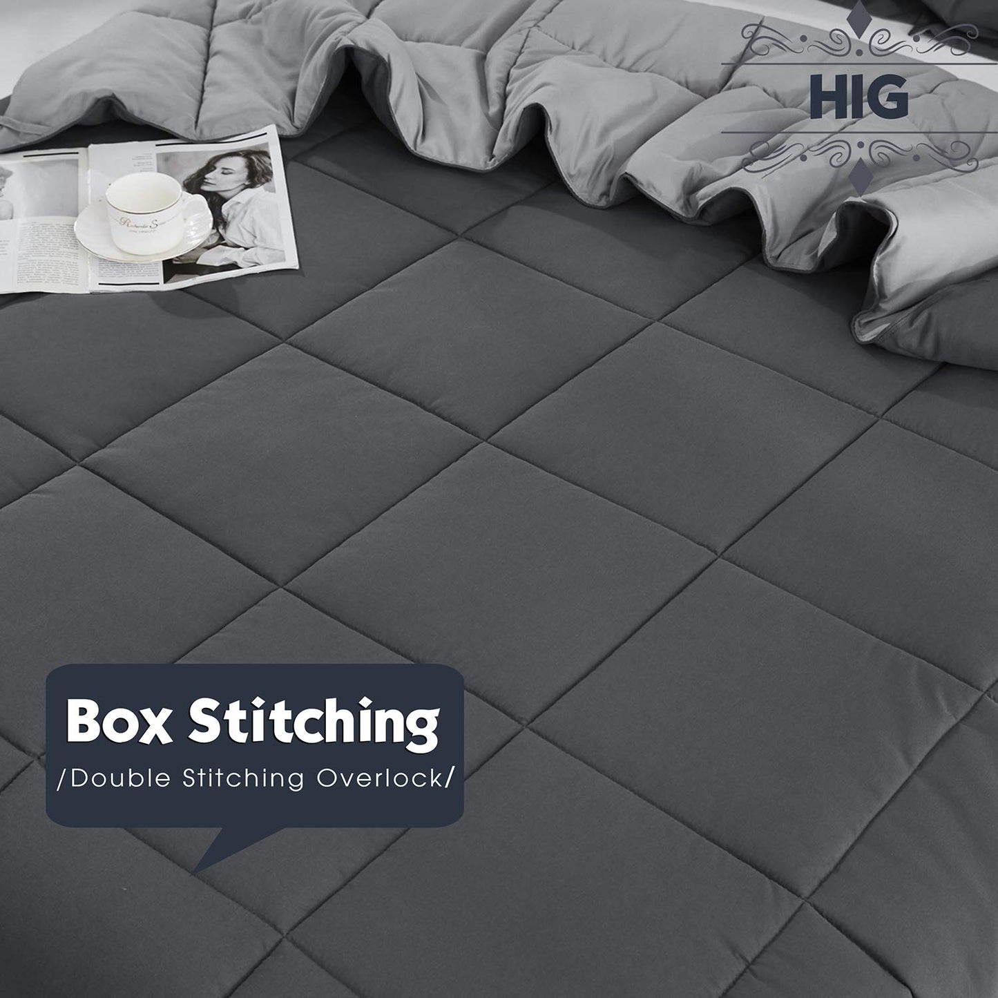 HIG 3pc Gray Full Size Comforter Set - All Season Reversible Down Alternative Comforter with Two Shams - Quilted Duvet Insert with Corner Tabs - Box Stitched Blanket - Breathable, Soft, Fluffy