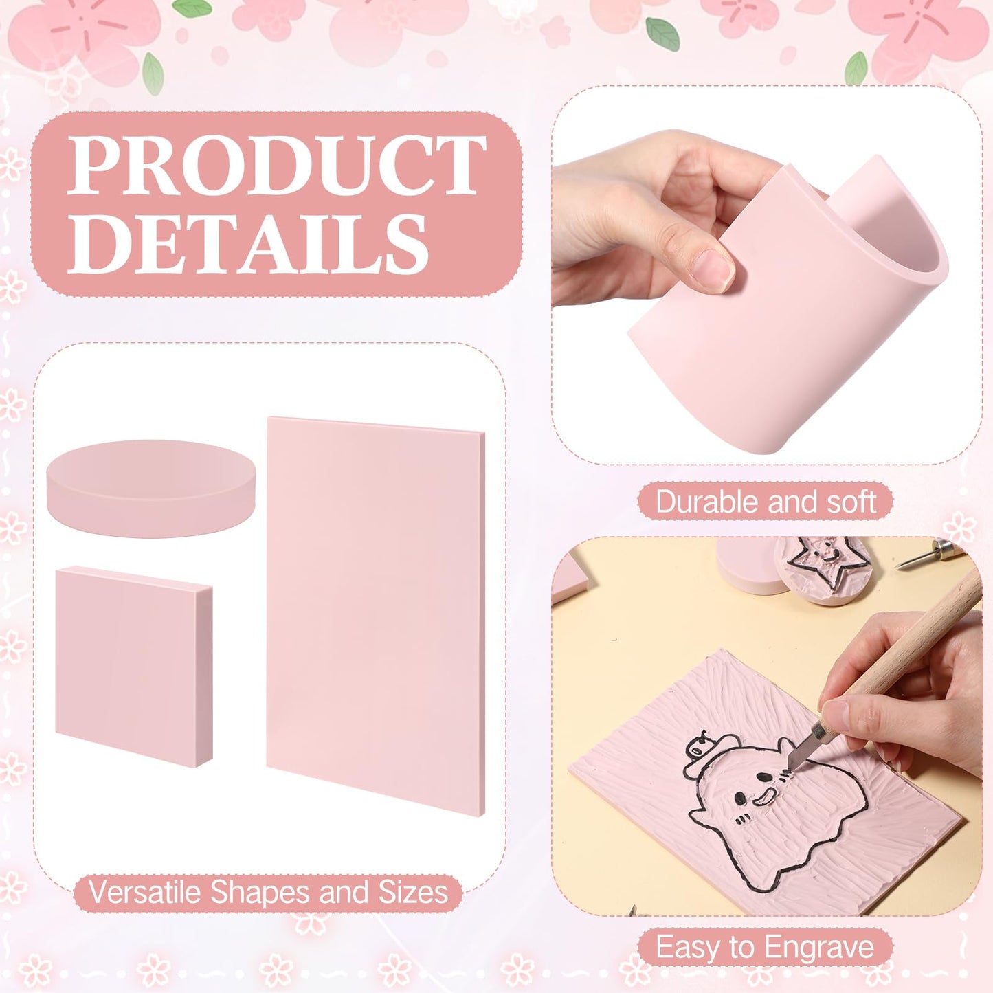 Innconee 36 Pcs Rubber Stamp Carving Blocks Pink Soft Linoleum Blocks Round Square Rectangle Carving Kit for Stamp Soft Rubber Crafts and DIY Craft Project