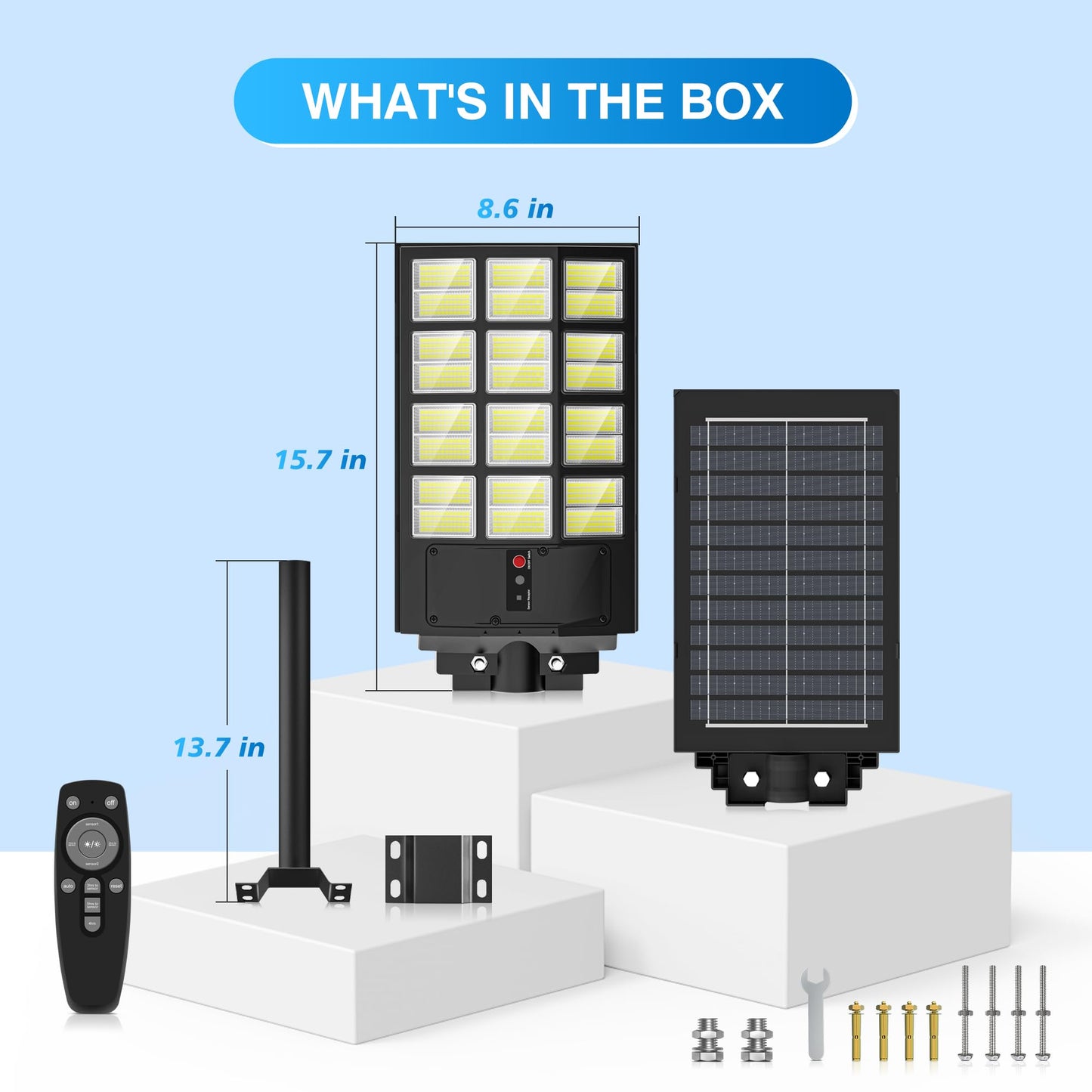 5000W Solar Street Light, Wide Angle Solar Lights Outdoor IP66 Waterproof, 6500K Dusk to Dawn, LED Security Flood Light with Motion Sensor and Remote Control for Residential Commercial Yard
