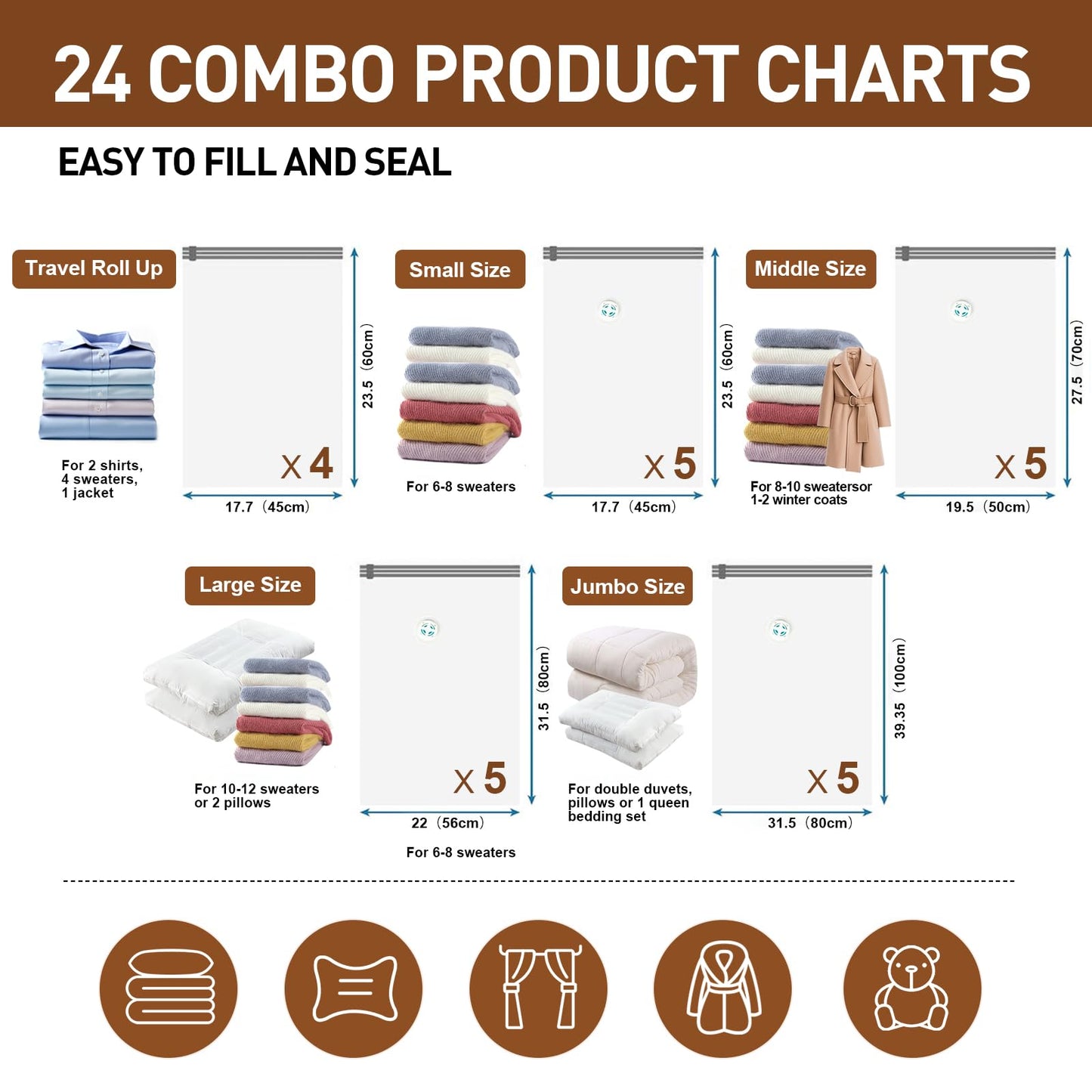 DUORAN 24 Pack Vacuum Storage Bags,Space Saver Bags for Clothing,Comforters,and Bedding,Includes 5 Jumbo, 5 Large, 5 Medium, 5 Small/4 Roll Bags,Compression for Closet & Travel, With Electric Pump