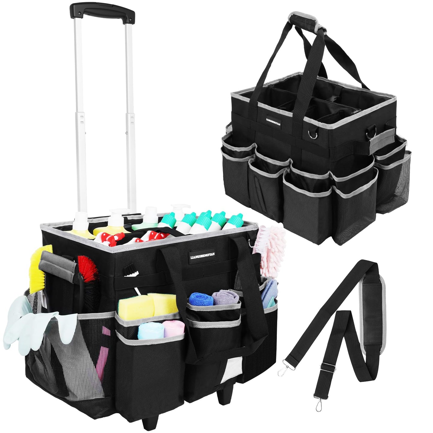 Large Rolling Cleaning Caddy Bag, Cleaning Caddy with Wheels with Detachable Trolley for Housekeepers, Water Resistant Cleaner Supplies Organizer with Wheels for Kitchen, Car, Picnic (Black-Grey)