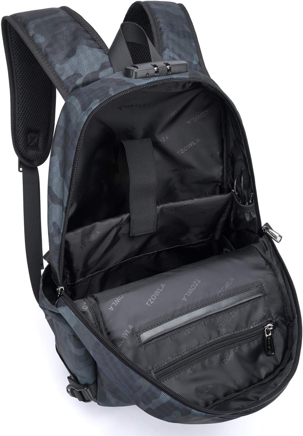 Tzowla Business Laptop Backpack Water Resistant Anti-Theft Backpack with USB Charging Port and Lock 17.3 Inch Computer Backpacks for Women Men, Casual Hiking Travel Daypack (Navy Blue Camo)