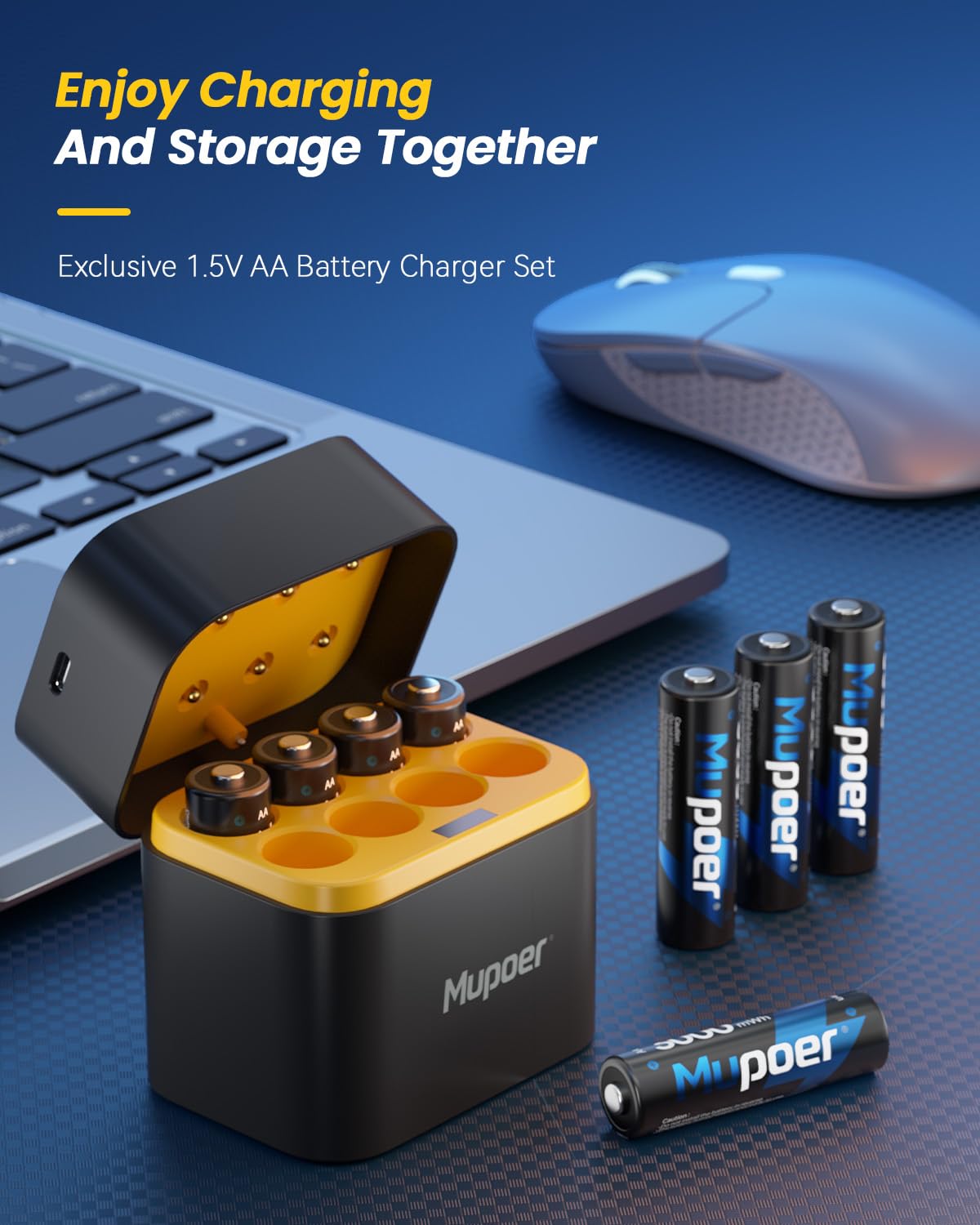 Mupoer Rechargeable AA Batteries Lithium with Charger, 8 Pack 1.5V 3000mWh Double A Batteries Rechargeable, Long Lasting AA Li-ion Battery with Integrated Charging Storage Box - Blue