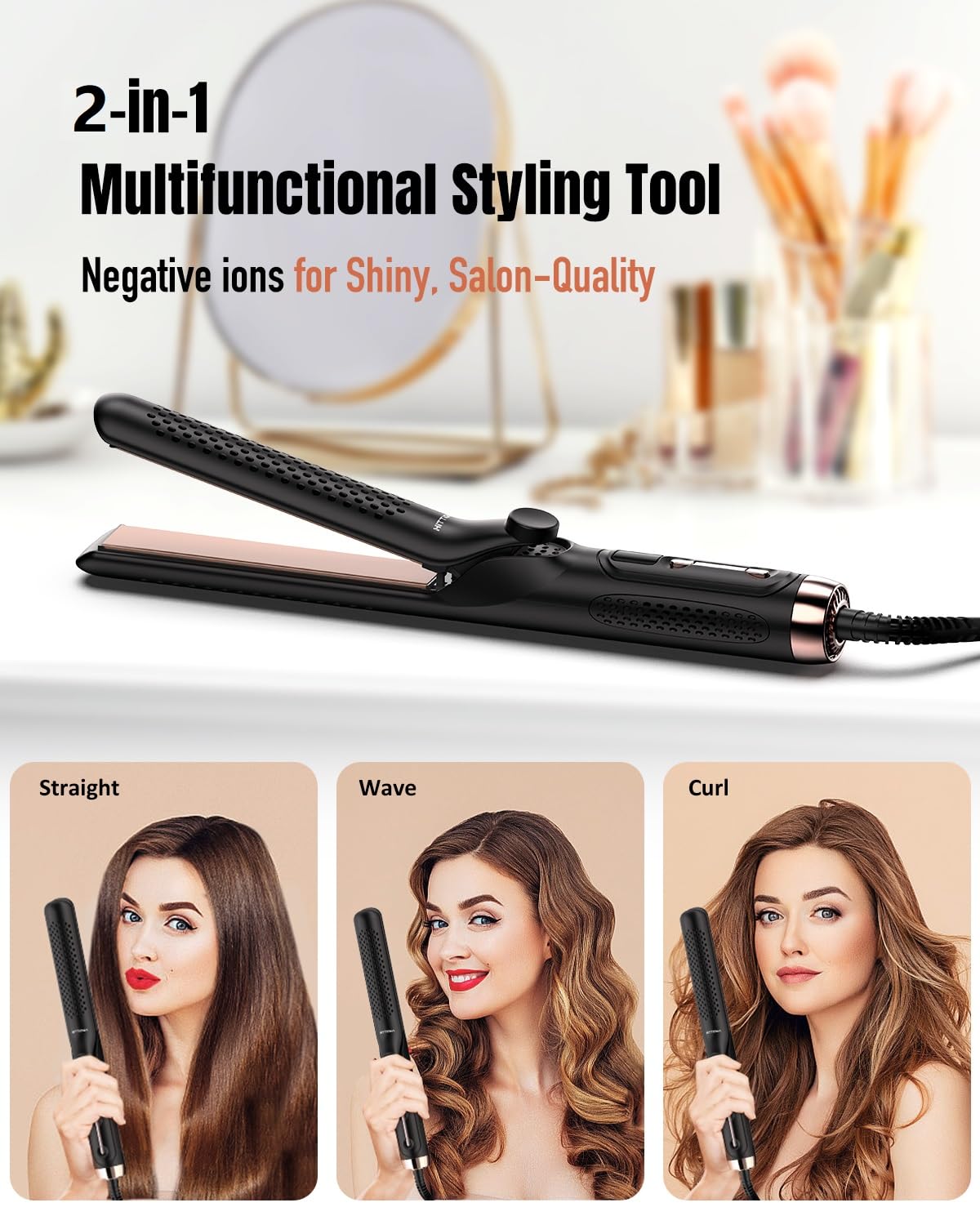 360° Airflow Styler Curling Iron - 1.25 Inch Hair Straightener and Curler 2 in 1 with Vented Cool Air to Lock Style, Extra Long Flat Iron Curling Wand, 5 Temps LCD Display, Dual Voltage for Travel