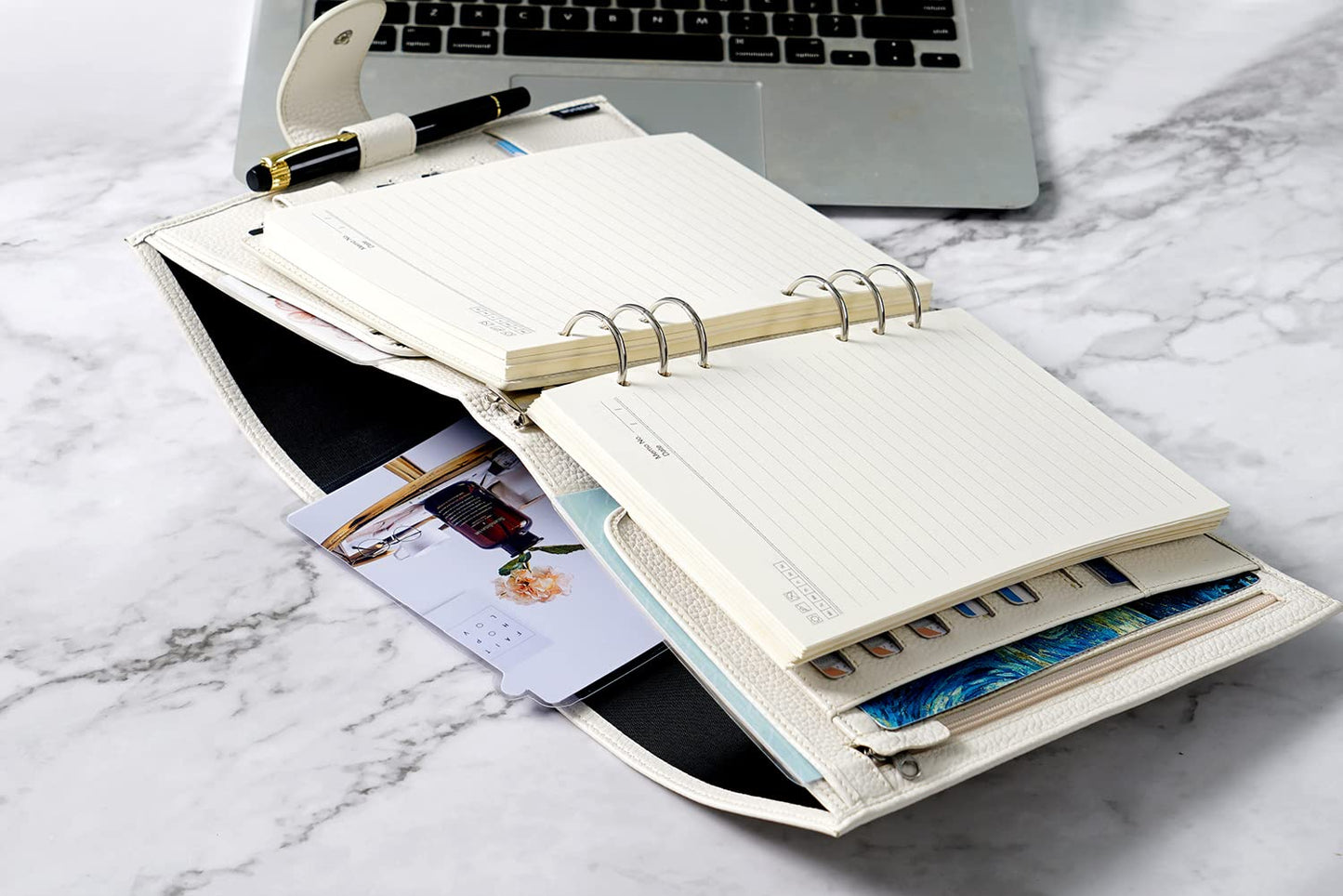 Moterm A5 Luxe Rings Planner - Genuine Leather Binder Organizer (30mm Ring, Pebbled-Cream)