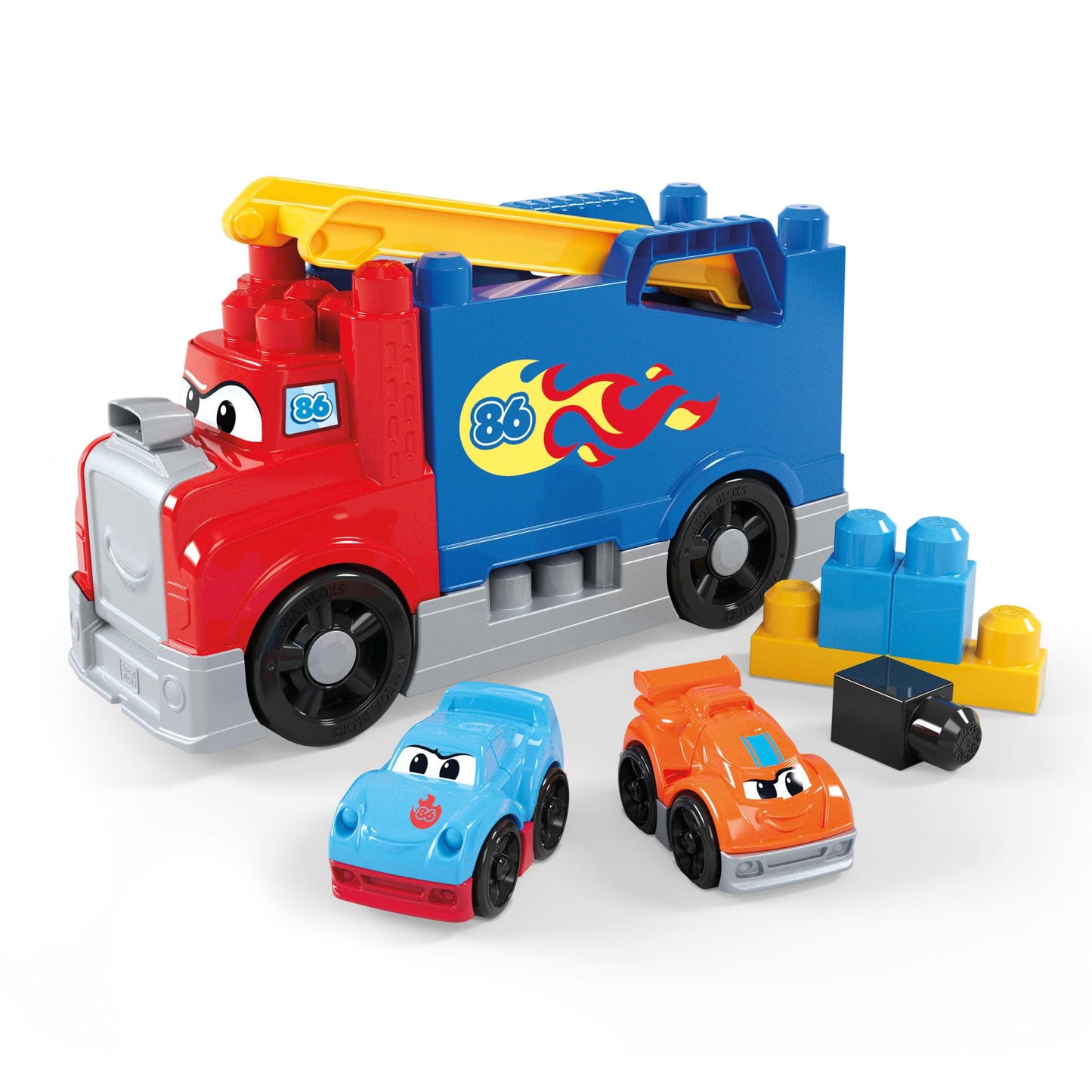 MEGA BLOKS First Builders Toddler Building Blocks Toy Set, Build & Race Rig with 19 Pieces, 2 Race Cars and Storage, Red, Ages 1+ Years