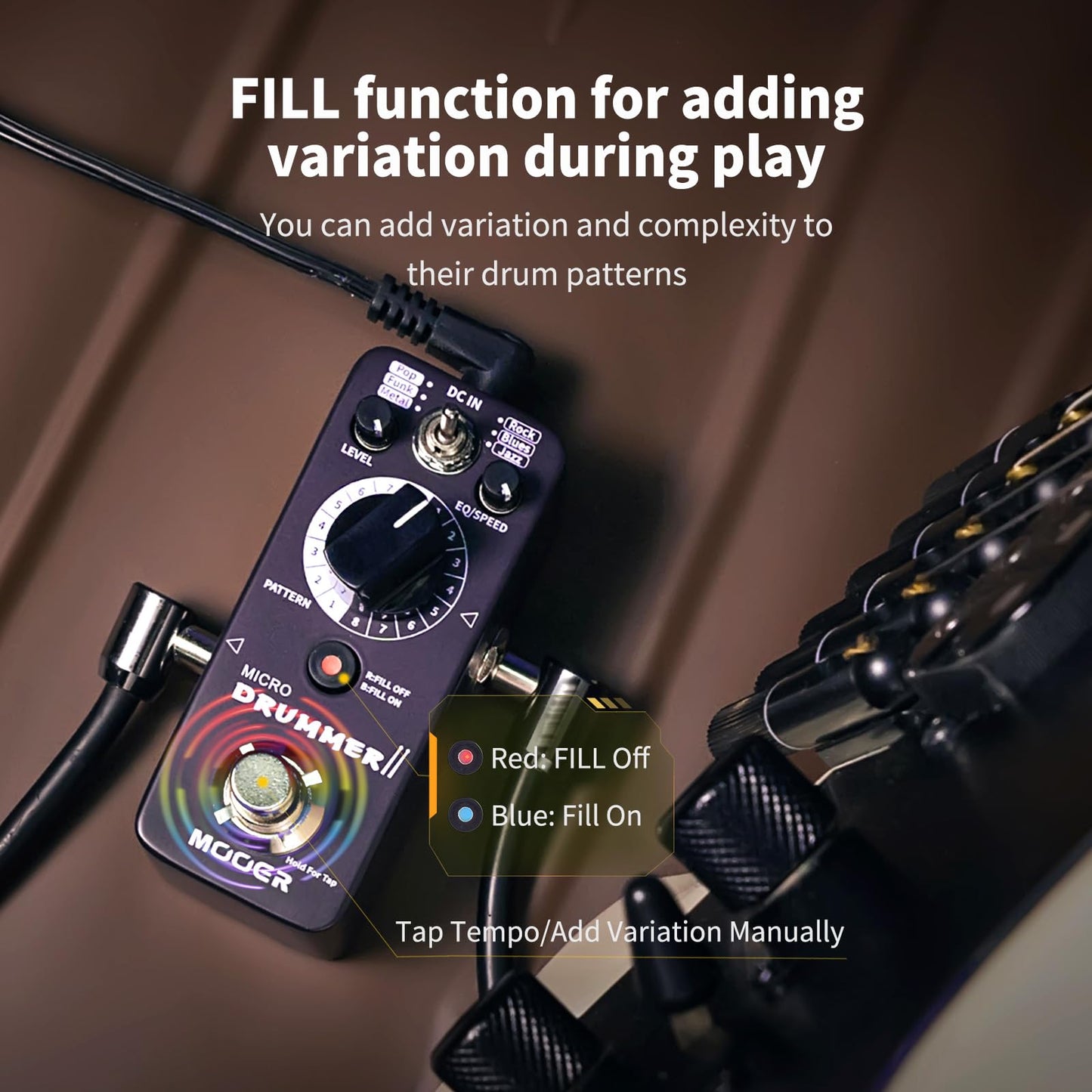 MOOER Micro Drummer II Guitar Drummer Pedal Drum Machine Effect with FILL Function, 48 Drum Grooves, and 6 Music Style Per 8 Different Rythem, With EQ, Tap Tempo for Electric Guitar