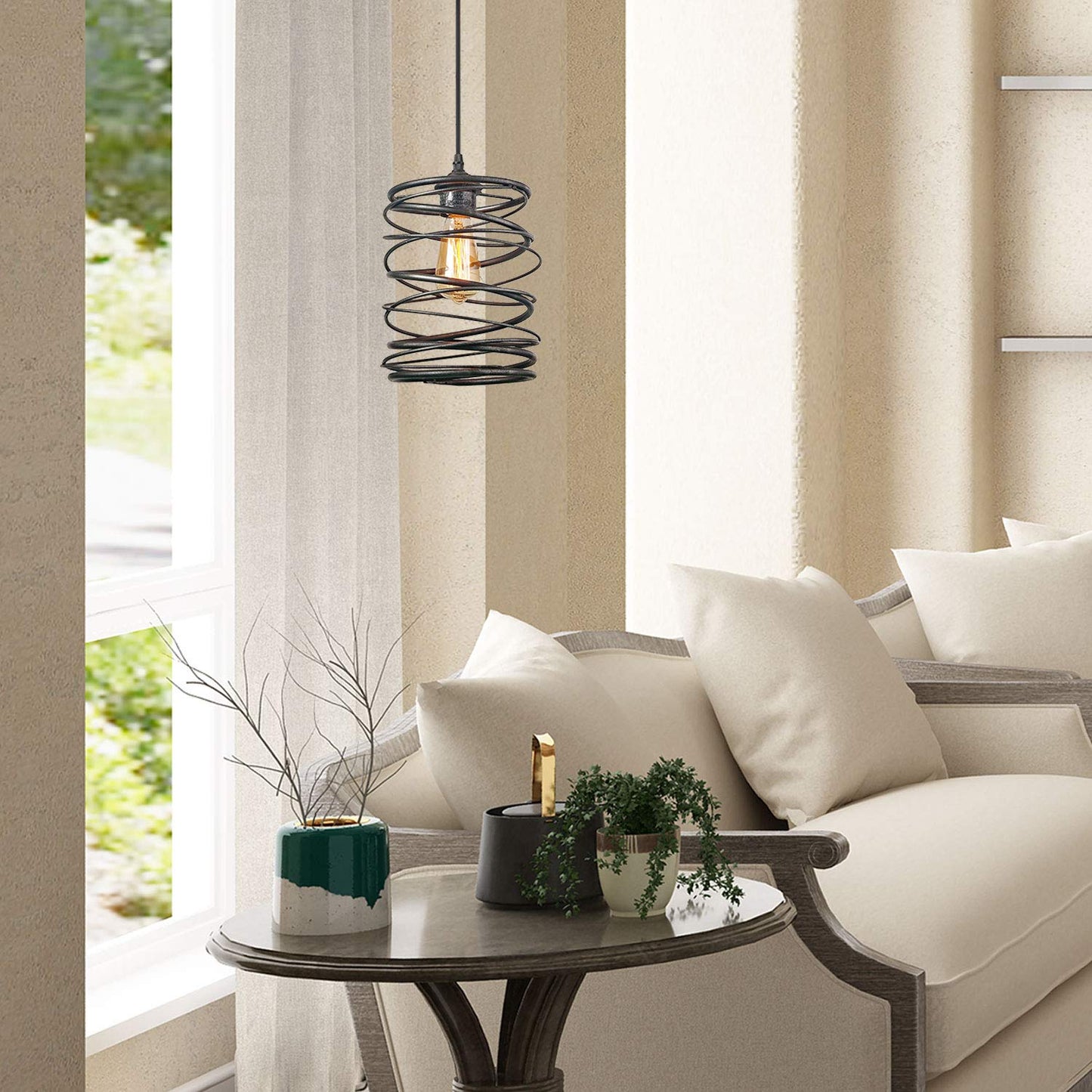 LNC Pendant Lighting for for Kitchen Island，Rustic Farmhouse Brown Rust Cage Hanging Lamp, Antique Silver Black, A03292